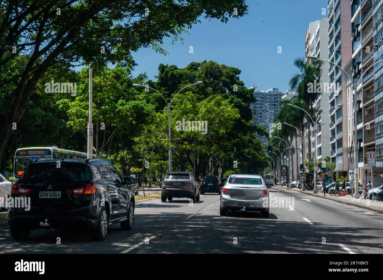 View of Praia do Flamengo avenue with many apartment buildings at it and green vegetation around in Flamengo district under summer morning clear sky. Stock Photo