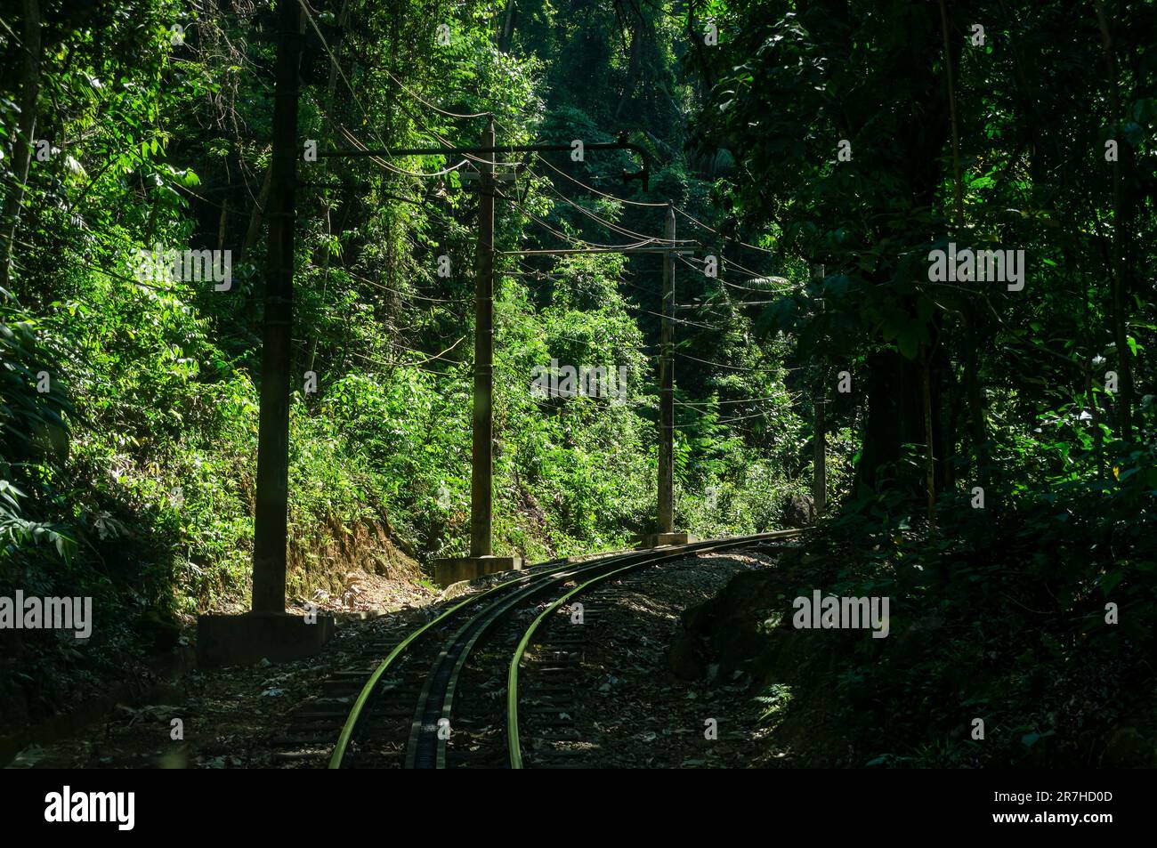 An uphill right curve of Corcovado Rack Railway train tracks running ...