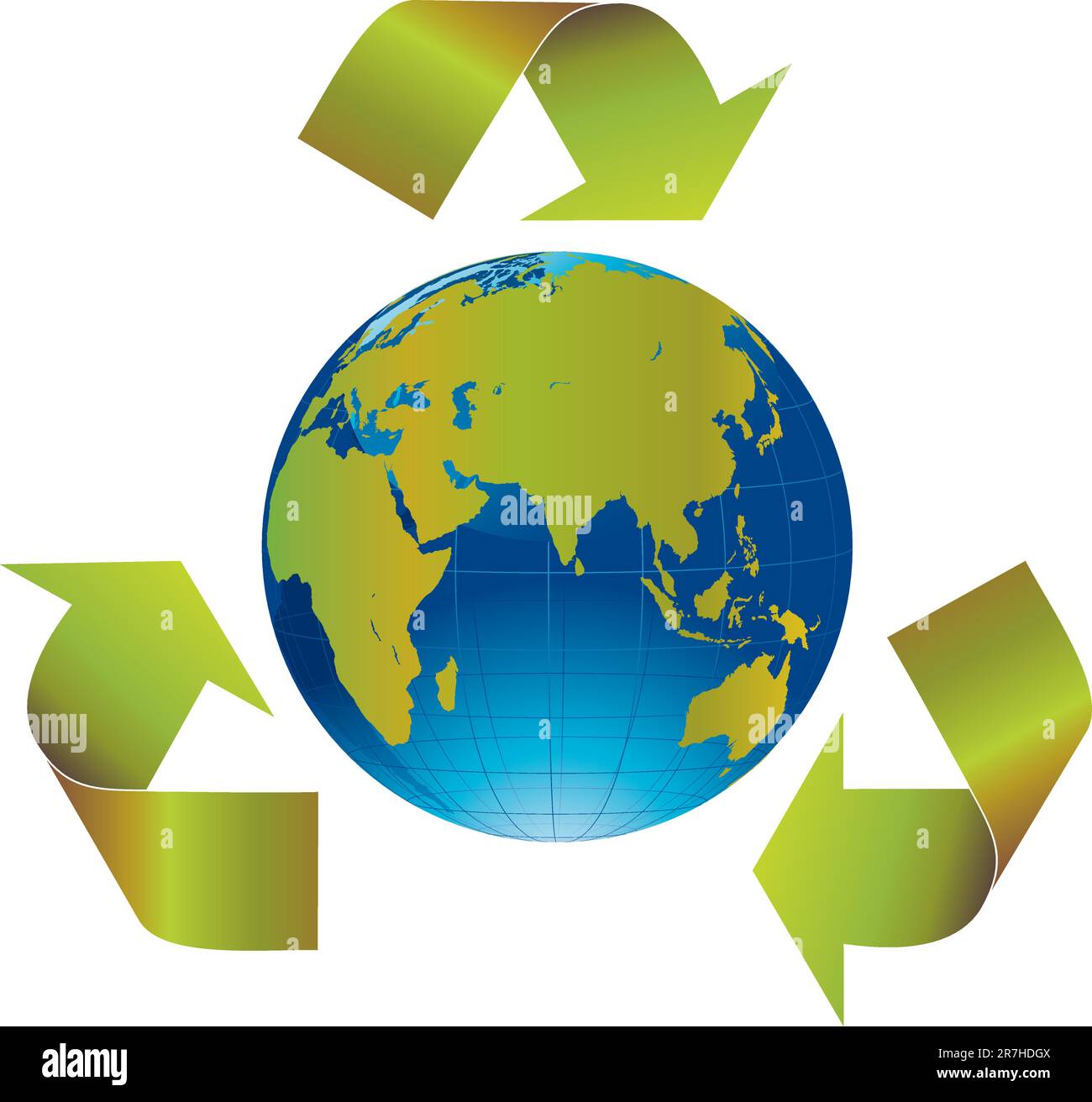 Green arrows around the world indicating recycling Stock Vector