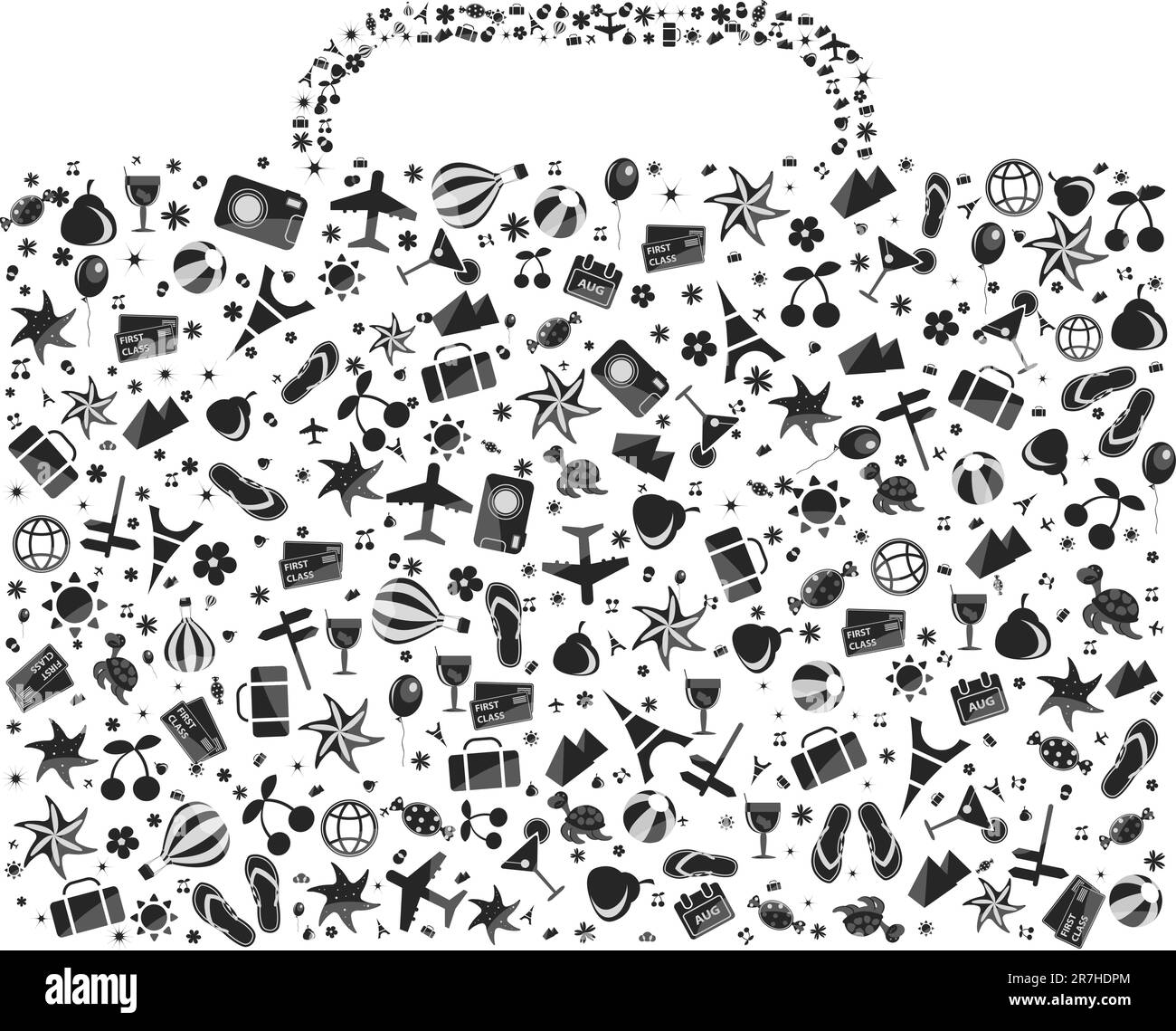 black-and-white luggage composed from different travel elements isolated on white background Stock Vector