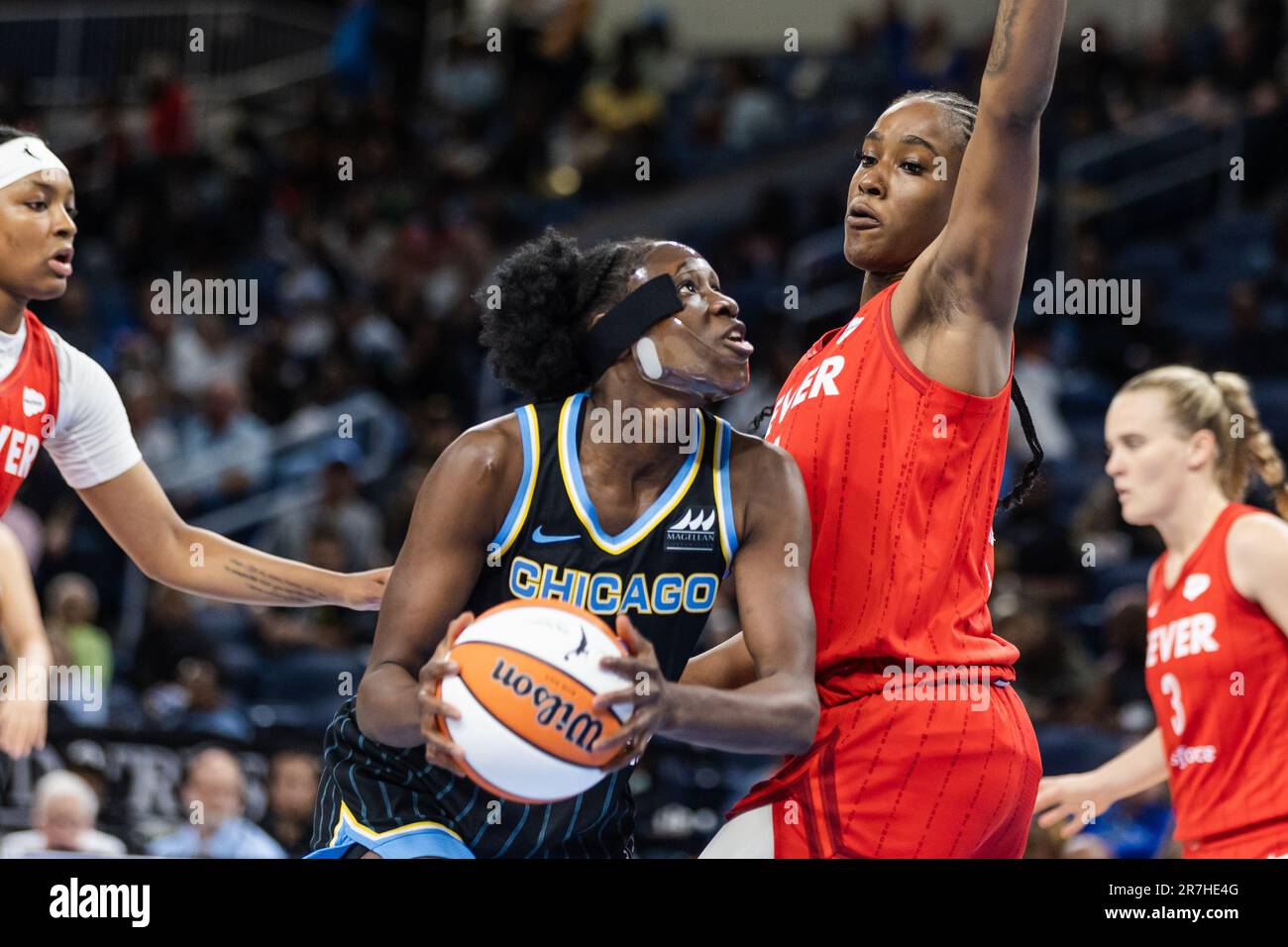 Chicago, USA. 15th June, 2023. Chicago, USA, June 15, 2023: Queen Egbo (3 Indiana Fever) fouls Sika Kone (23 Chicago Sky) during the game between the Chicago Sky and Indiana Fever on Thursday June 15, 2023 at Wintrust Arena, Chicago, USA. (NO COMMERCIAL USAGE) (Shaina Benhiyoun/SPP) Credit: SPP Sport Press Photo. /Alamy Live News Stock Photo