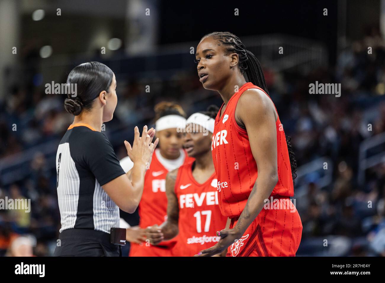 Chicago, USA. 15th June, 2023. Chicago, USA, June 15, 2023: Queen Egbo (3 Indiana Fever) speaks with the referee during the game between the Chicago Sky and Indiana Fever on Thursday June 15, 2023 at Wintrust Arena, Chicago, USA. (NO COMMERCIAL USAGE) (Shaina Benhiyoun/SPP) Credit: SPP Sport Press Photo. /Alamy Live News Stock Photo