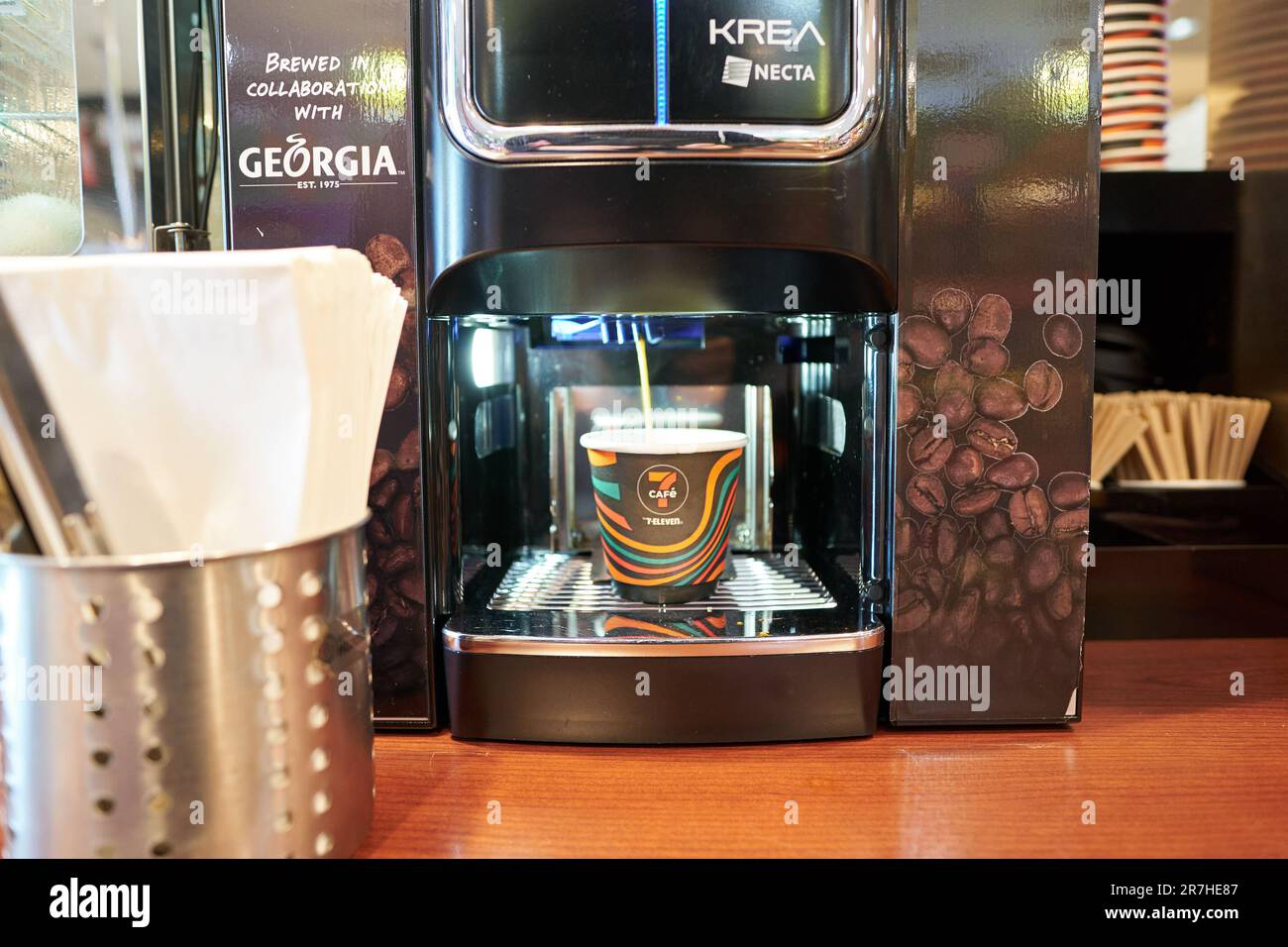KUALA LUMPUR, MALAYSIA - CIRCA MARCH, 2023: close up shot of coffee machine at 7-Eleven convenience store in Kuala Lumpur. 7-Eleven, Inc. is a multina Stock Photo