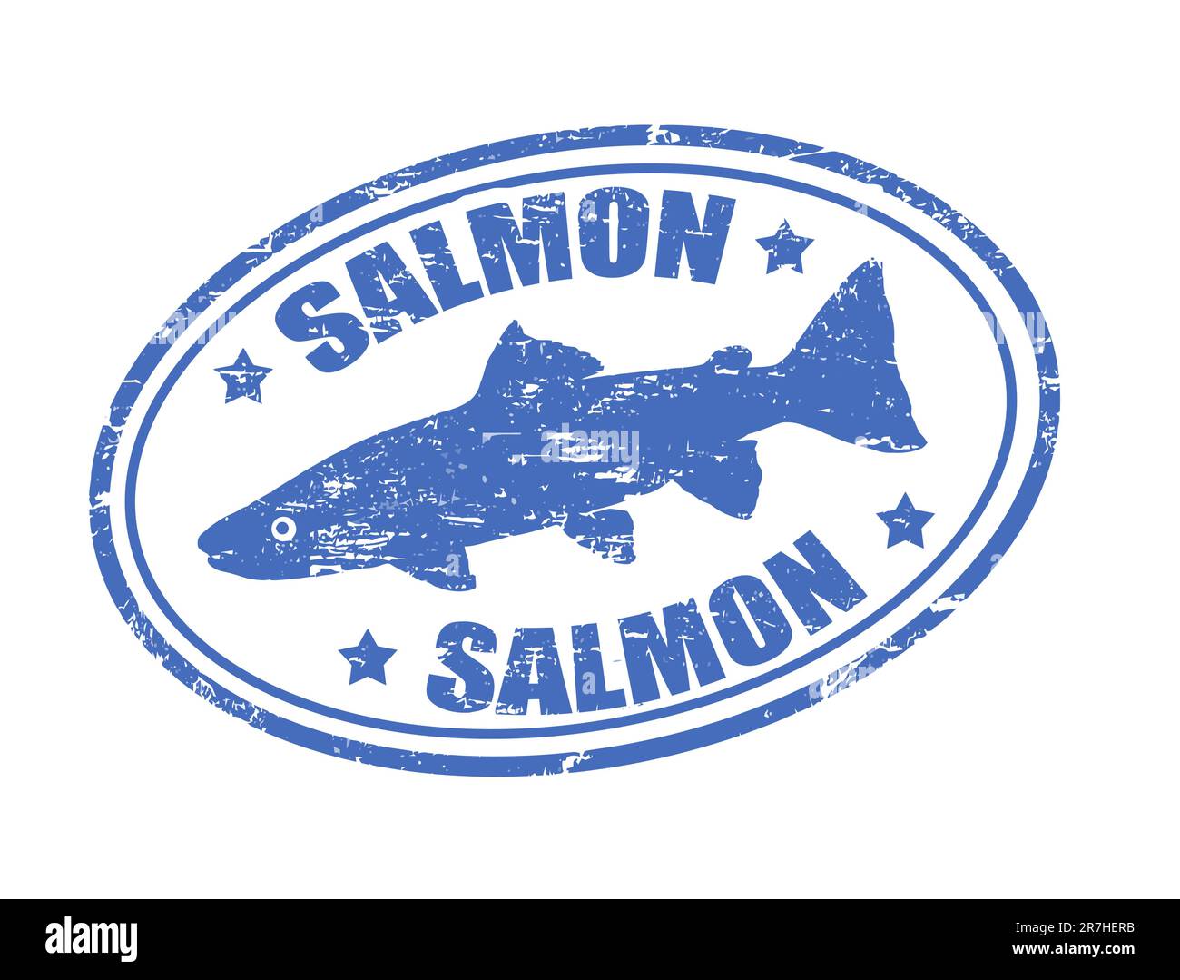 Grunge rubber stamp of a salmon fish and the word salmon written inside