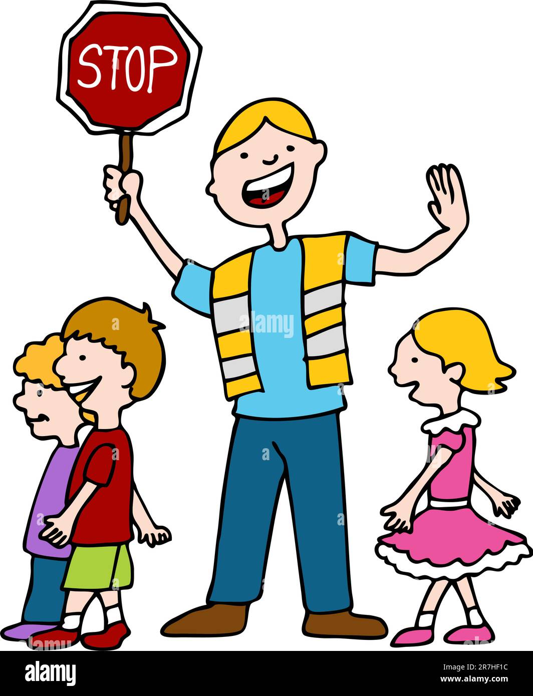 An image of a crossing guard with children. Stock Vector