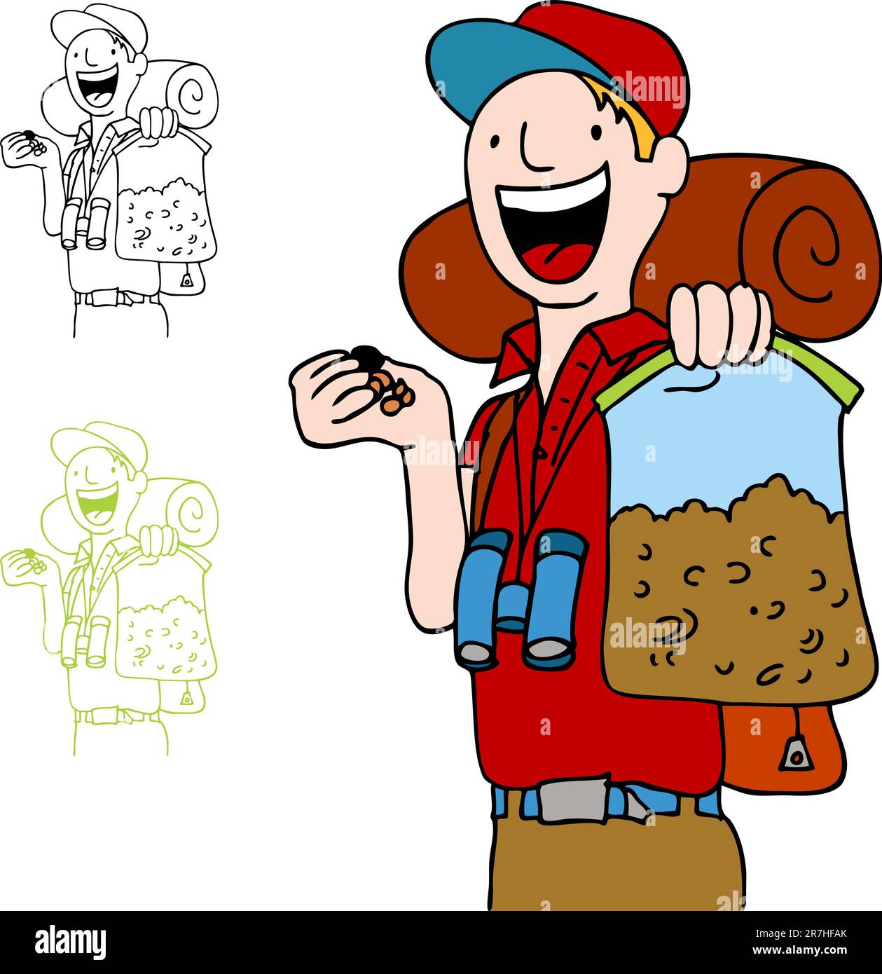 An image of a hiker with a bag of trailmix snack. Stock Vector