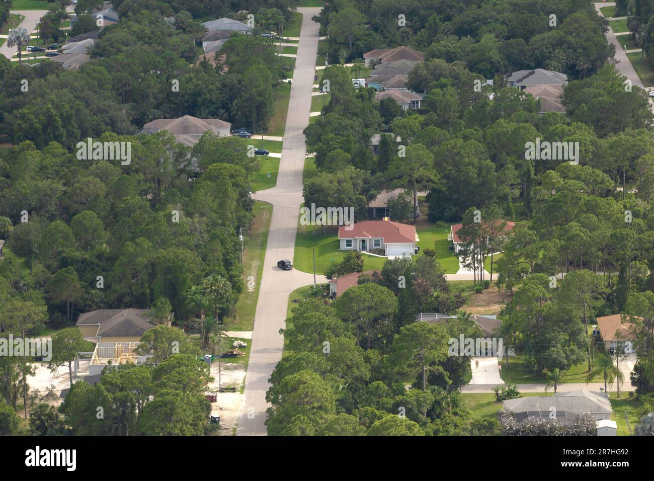 Aerial landscape view of suburban private houses between green palm ...