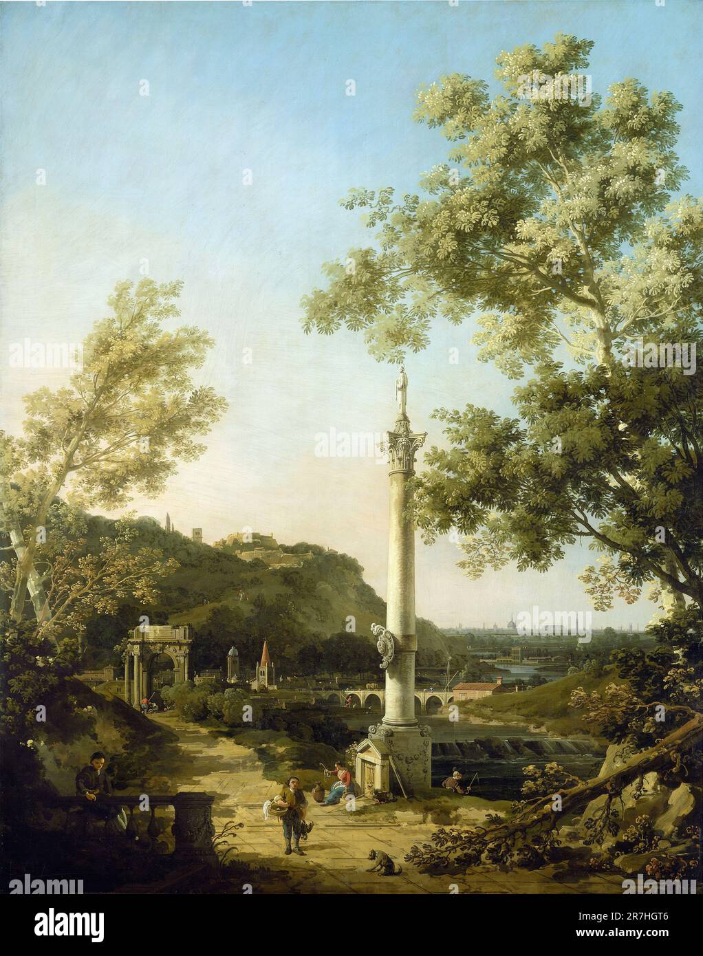 English Landscape Capriccio with a Column  painted by the Venetian painter Giovanni Antonio Canal, commonly known as Canaletto, in c. 1754.  Canaletto specialised in realsitic city scenes (called Verduti) but occasionally he painted from his imagination, which he called Capriccio. Stock Photo