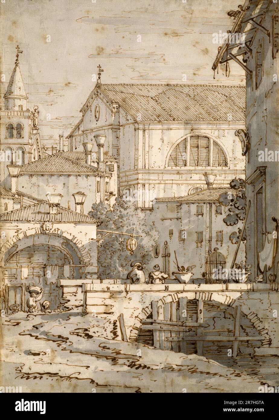 Architectural Capriccio  painted by the Venetian painter Giovanni Antonio Canal, commonly known as Canaletto.  Canaletto specialised in realsitic city scenes (called Verduti) but occasionally he painted from his imagination, which he called Capriccio. Stock Photo