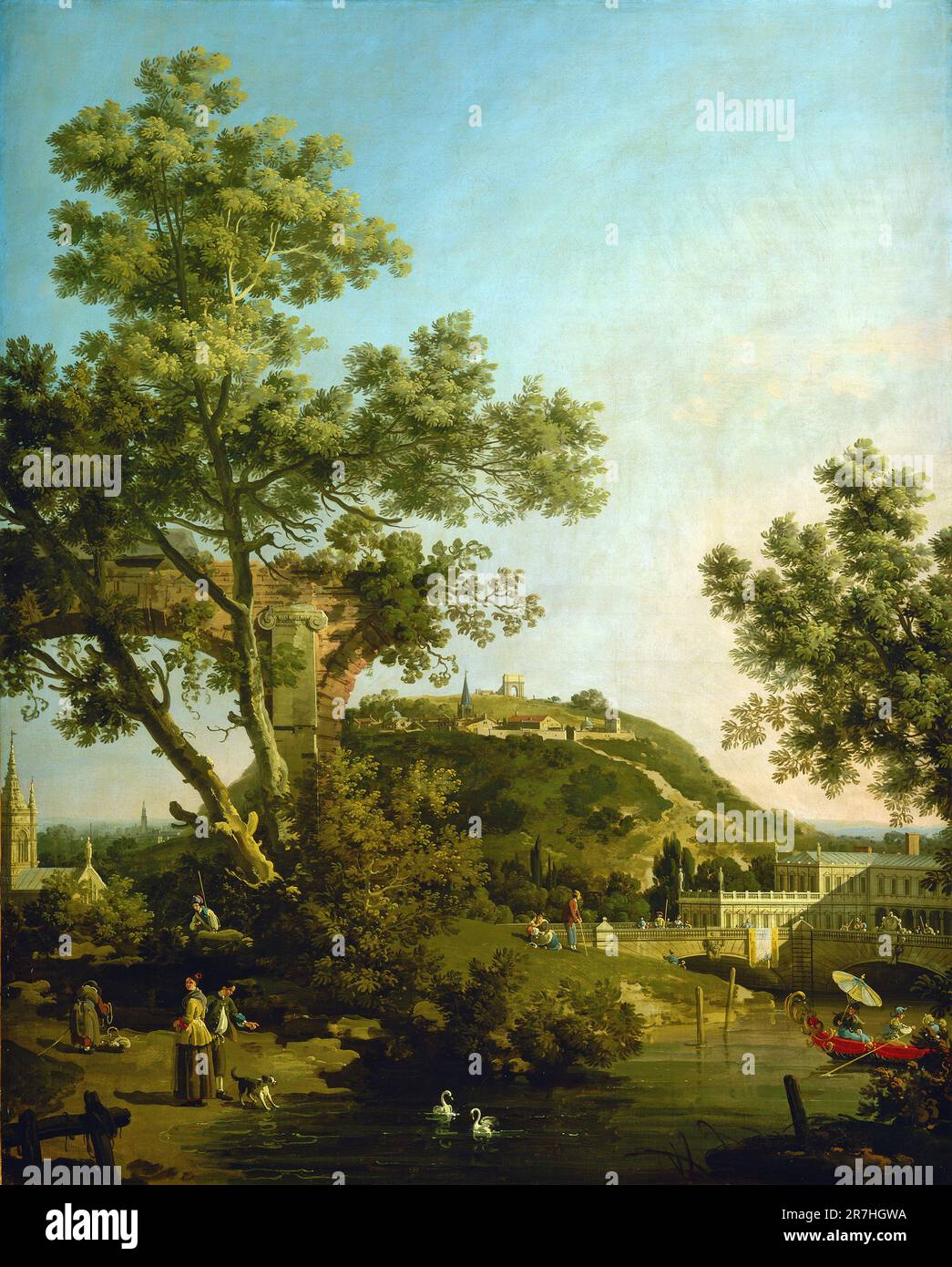 English Landscape Capriccio with a Palace  painted by the Venetian painter Giovanni Antonio Canal, commonly known as Canaletto, in c. 1754.  Canaletto specialised in realsitic city scenes (called Verduti) but occasionally he painted from his imagination, which he called Capriccio. Stock Photo