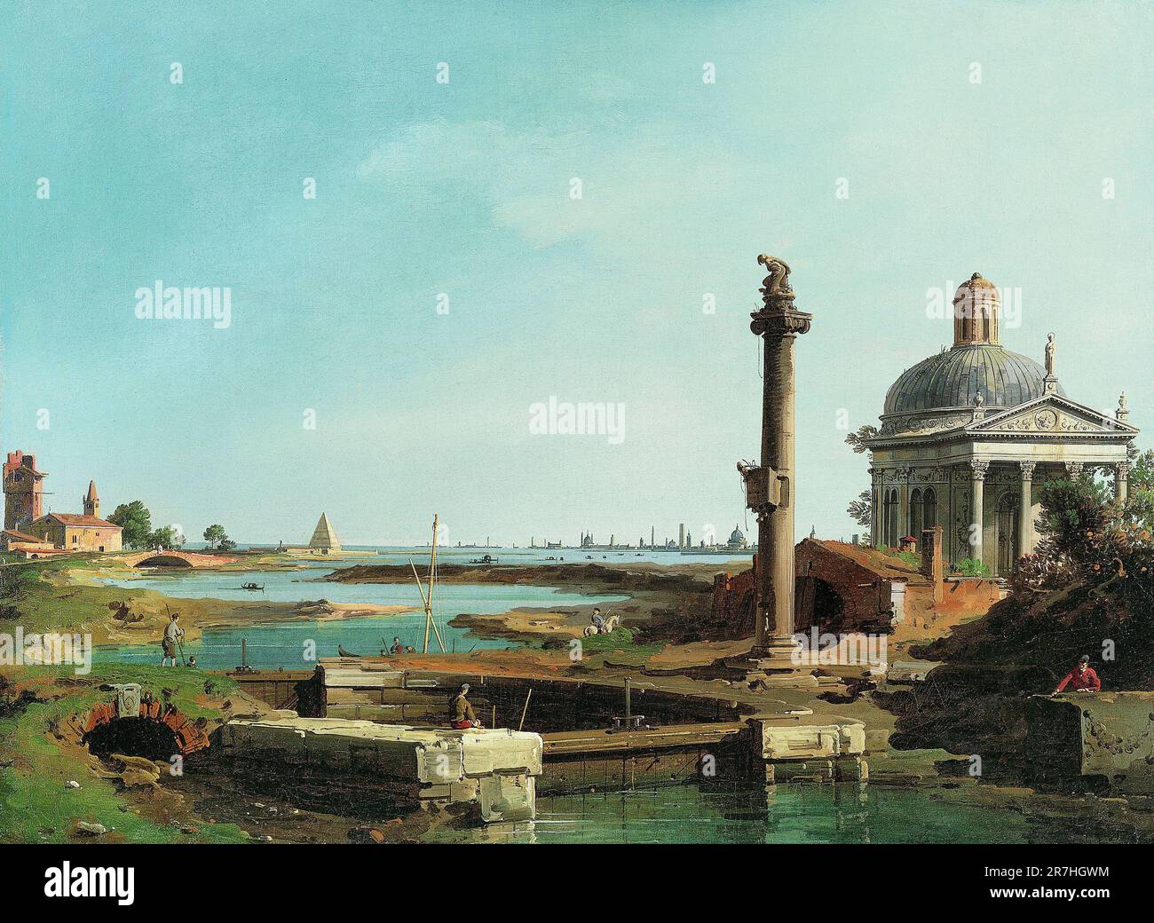 A Lock, a Column, and a Church beside a Lagoon. This is an invented scene (a Capriccio)  painted by the Venetian painter Giovanni Antonio Canal, commonly known as Canaletto.  Canaletto specialised in realsitic city scenes (called Verduti) but occasionally he painted from his imagination, which he called Capriccio. Stock Photo