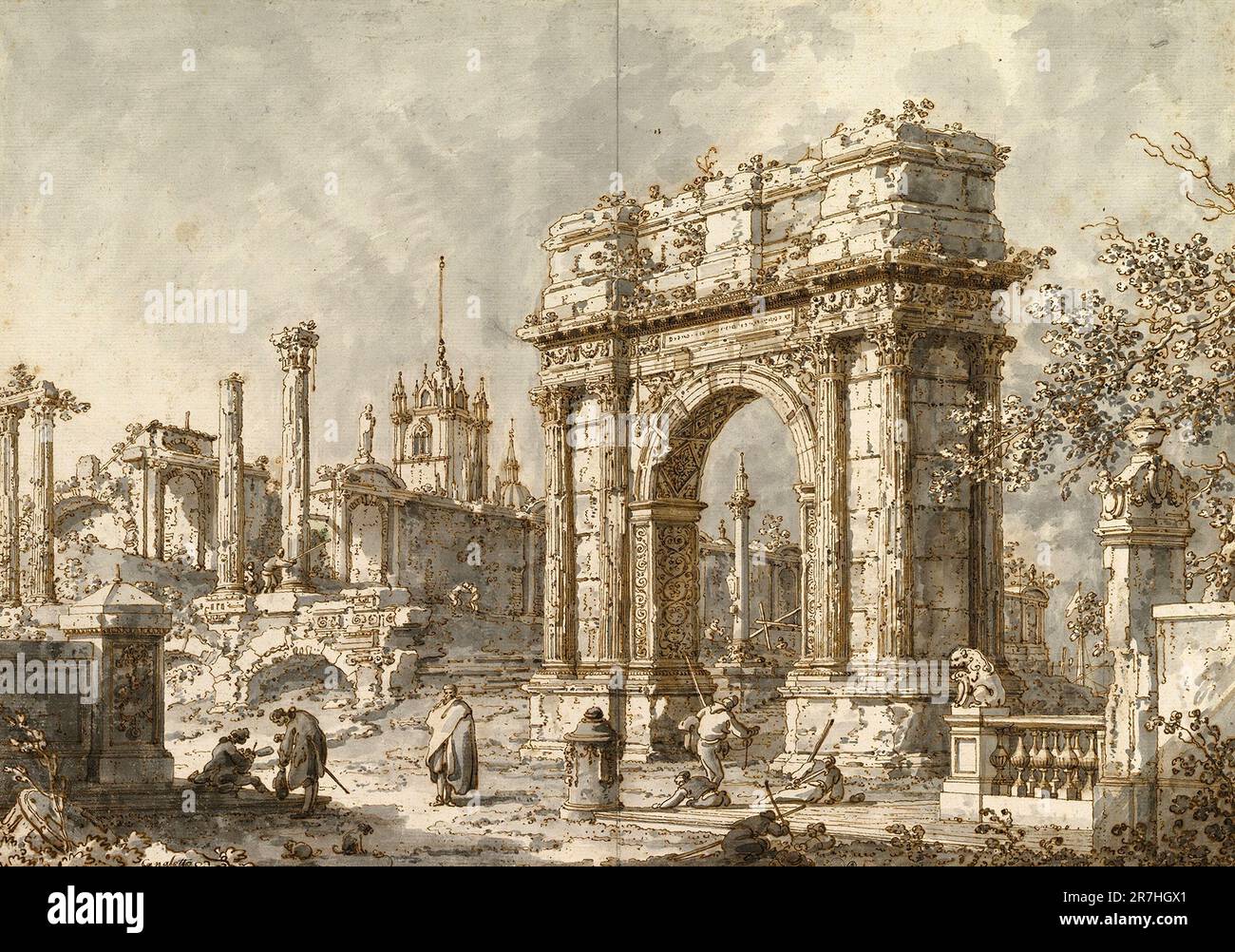 Capriccio with a Roman Triumphal Arch  painted by the Venetian painter Giovanni Antonio Canal, commonly known as Canaletto.Canaletto specialised in realsitic city scenes (called Verduti) but occasionally he painted from his imagination, which he called Capriccio Stock Photo