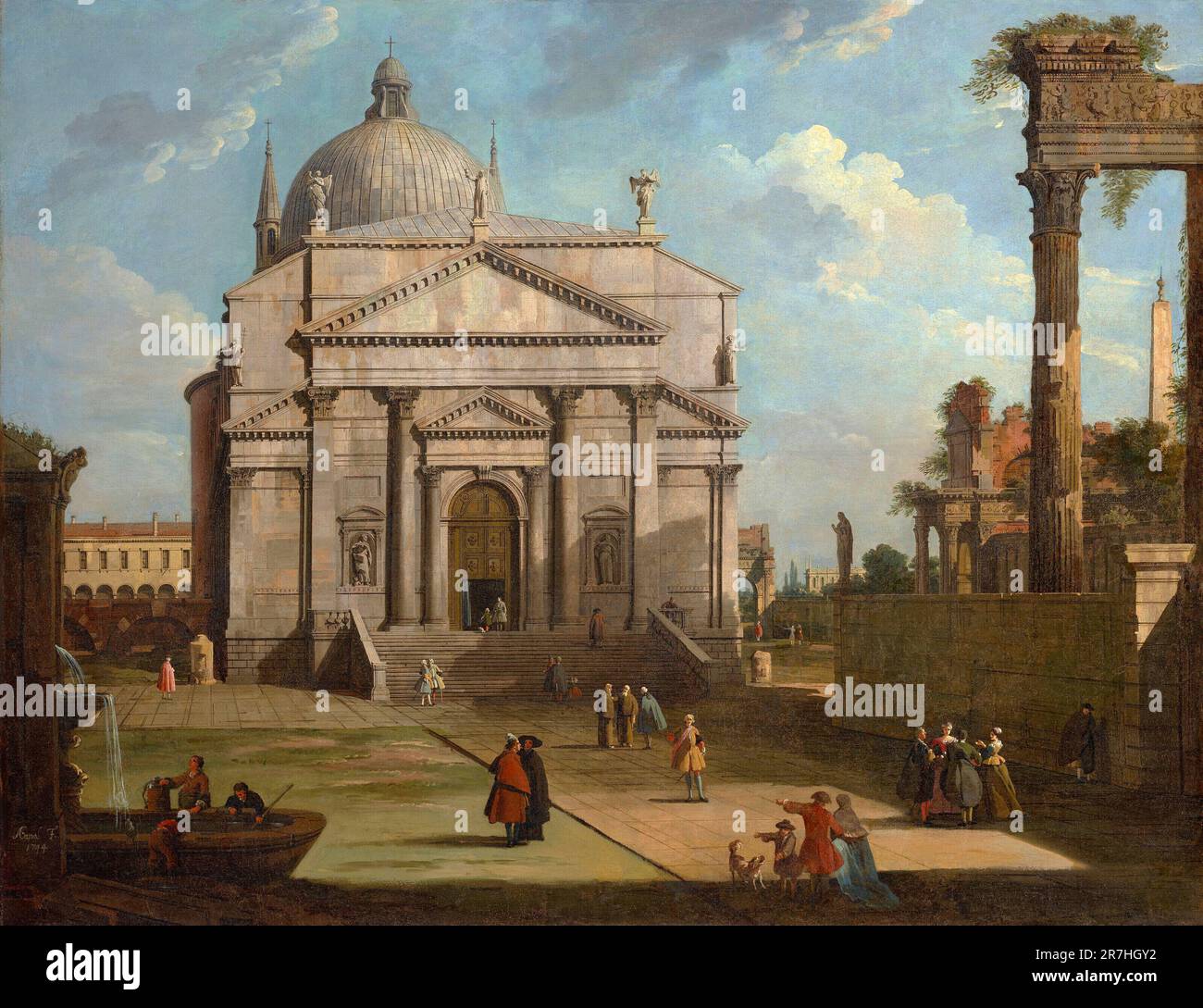 A Capriccio with the Church of the Redentore painted by the Venetian painter Giovanni Antonio Canal, commonly known as Canaletto, in 1744. Canaletto specialised in realsitic city scenes (called Verduti) but occasionally he painted from his imagination, which he called Capriccio Stock Photo