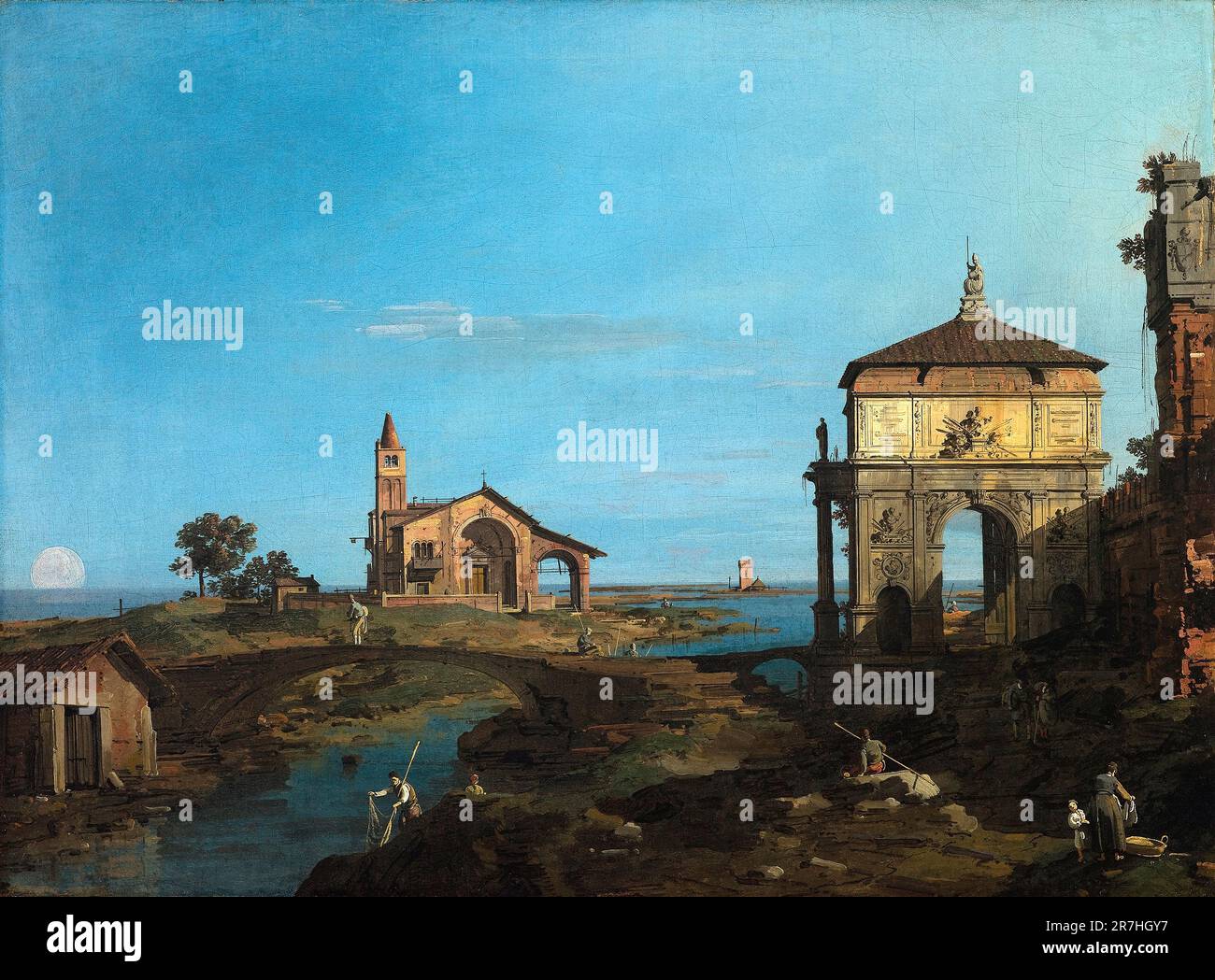 An Island in the Lagoon with a Gateway and a Church painted by the Venetian painter Giovanni Antonio Canal, commonly known as Canaletto, in 1743–44. Canaletto specialised in realsitic city scenes (called Verduti) but occasionally he painted from his imagination, which he called Capriccio Stock Photo