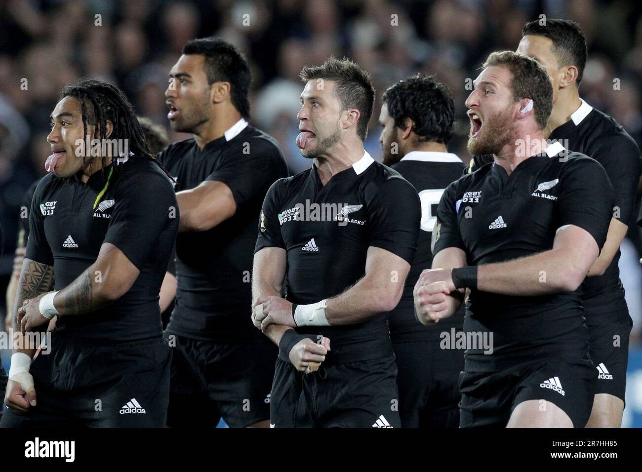 Ma'a Nonu, Cory Jane, Kieran Read  (L-R) as New Zealand perform a haka before playing Argentina in the quarter-final 4 match of the Rugby World Cup 2011, Eden Park, Auckland, New Zealand, Sunday, October 09, 2011. Stock Photo