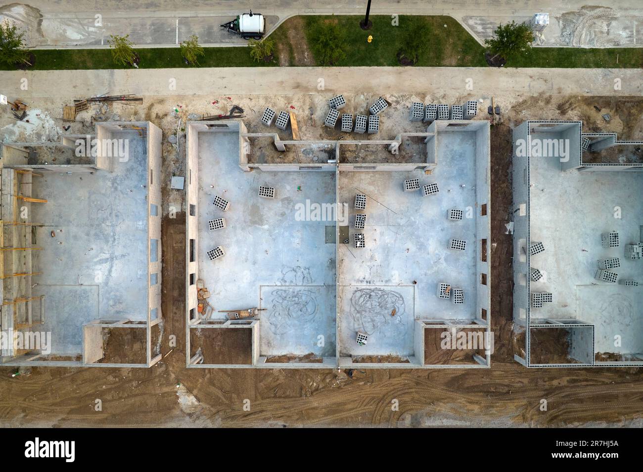 Aerial view of incompleted frame of private home under construction ...