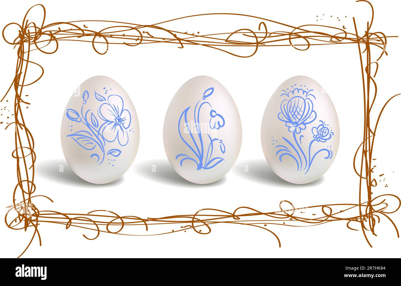 Three beautiful easter eggs in the nest frame Stock Vector