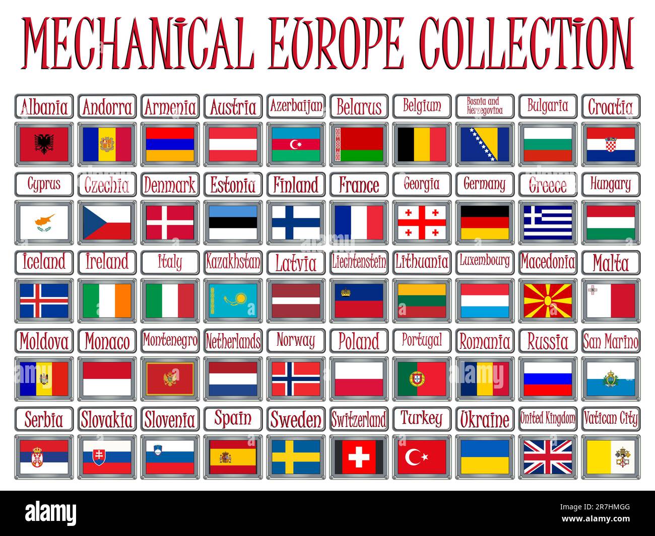 mechanical europe flags collection against white background, abstract vector art illustration Stock Vector