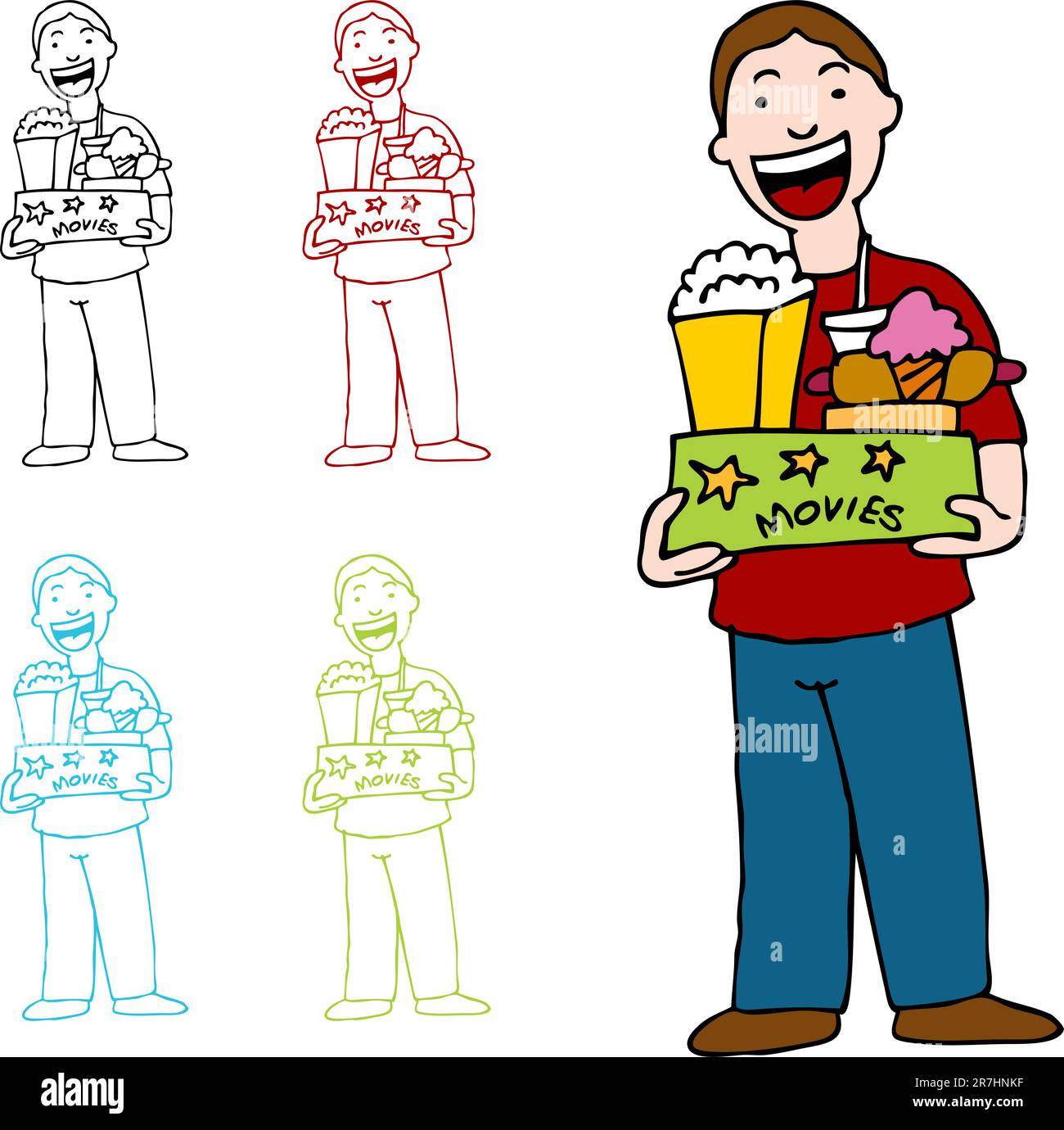 An image of a man holding a box of movie theater food. Stock Vector