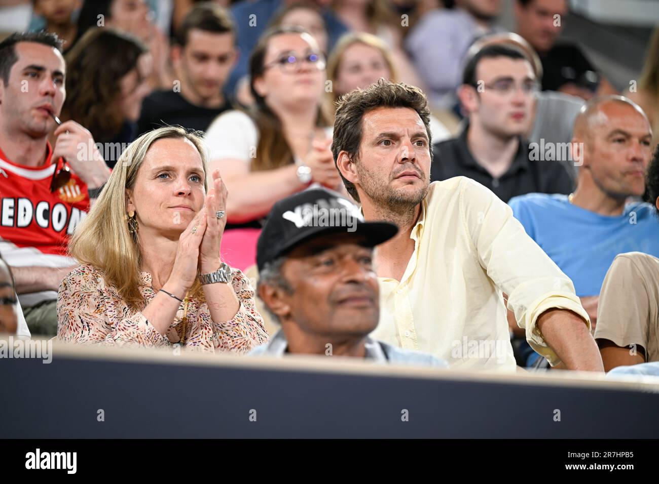 Paris, France. 15th June, 2023. Paul-Henri Mathieu, Quiterie Camus and Yannick Noah during the Betclic elite basketball match (final) between AS Monaco (ASM) and Metropolitans 92 (Mets or Boulogne-Levallois) at Roland Garros on June 15, 2023 in Paris, France. Credit: Victor Joly/Alamy Live News Stock Photo