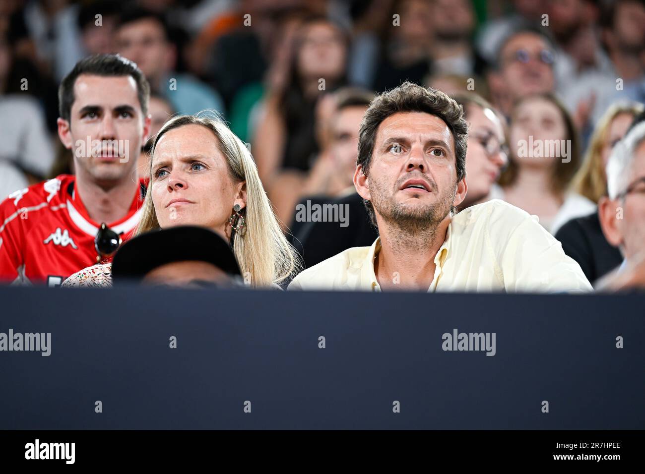 Paris, France. 15th June, 2023. Paul-Henri Mathieu and Quiterie Camus during the Betclic elite basketball match (final) between AS Monaco (ASM) and Metropolitans 92 (Mets or Boulogne-Levallois) at Roland Garros on June 15, 2023 in Paris, France. Credit: Victor Joly/Alamy Live News Stock Photo