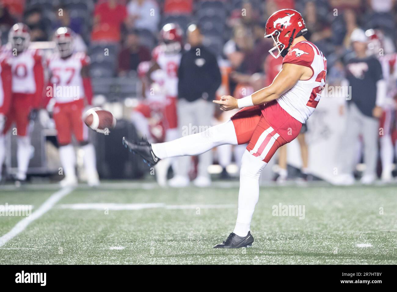 Ottawa, Canada. 15th June, 2023. Calgary Stampeders punter Cody Grace (24) boots a kick during the CFL game between Calgary Stampeders and Ottawa Redblacks held at TD Place Stadium in Ottawa, Canada. Daniel Lea/CSM/Alamy Live News Stock Photo