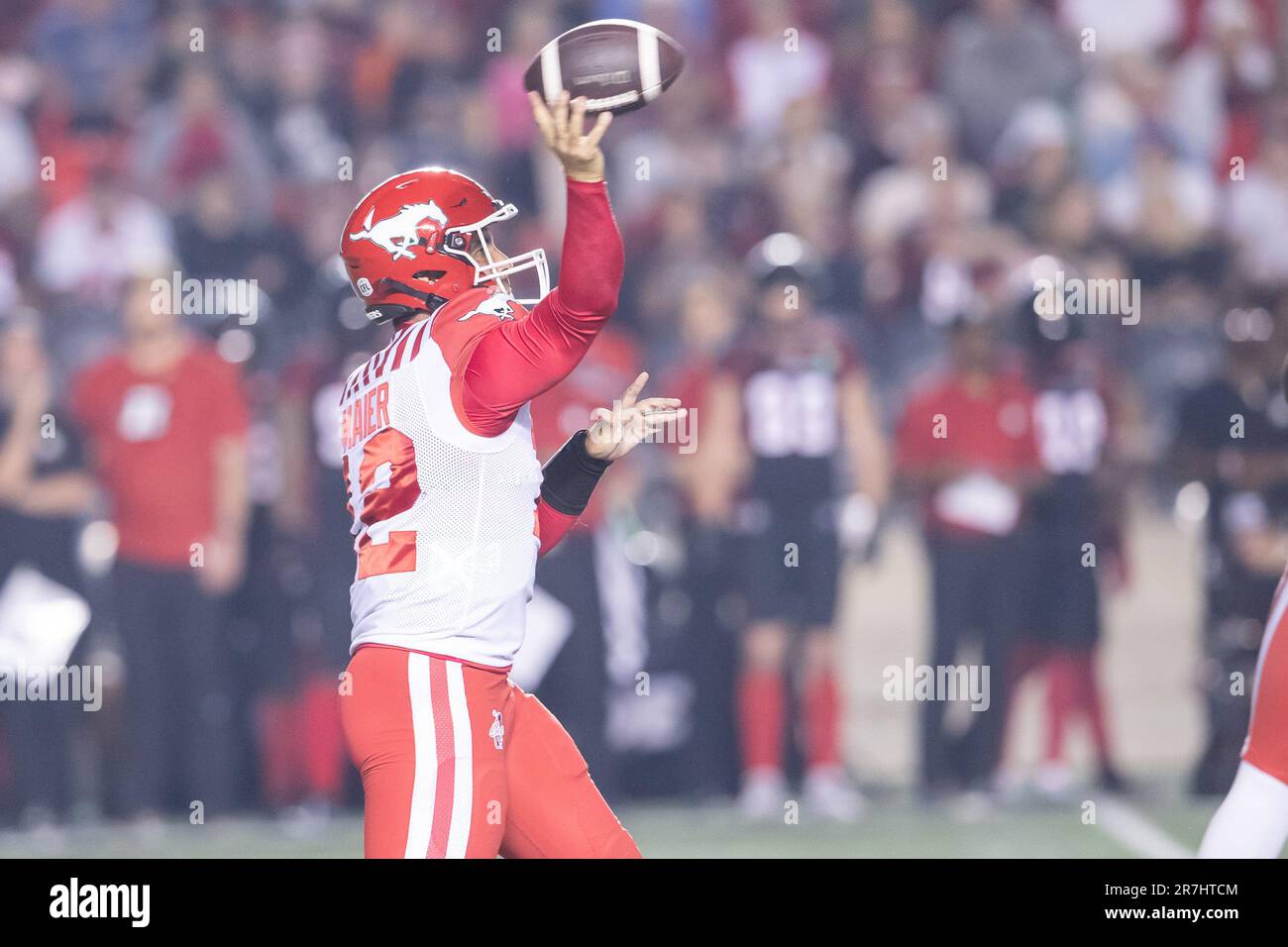 Ottawa, Canada. 15th June, 2023. Calgary Stampeders quarterback Jake Maier (12) throws during the CFL game between Calgary Stampeders and Ottawa Redblacks held at TD Place Stadium in Ottawa, Canada. Daniel Lea/CSM/Alamy Live News Stock Photo