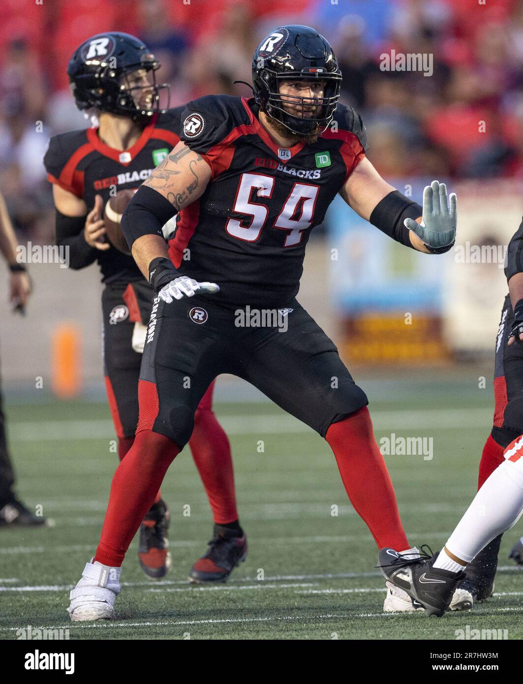 (Ottawa, Canada---15 June 2023)  Jacob Ruby (54) of the Ottawa Redblacks in Canadian Football League (CFL) regular season action between the Calgary Stampeders at the Ottawa Redblacks. Photograph Copyright 2023 Sean Burges / Mundo Sport Images. Stock Photo