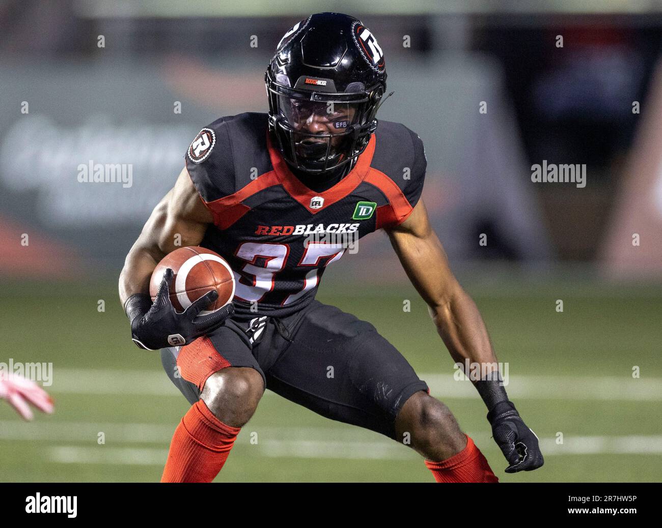 (Ottawa, Canada---15 June 2023)  Brandin Dandridge (37) of the Ottawa Redblacks in Canadian Football League (CFL) regular season action between the Calgary Stampeders at the Ottawa Redblacks. Photograph Copyright 2023 Sean Burges / Mundo Sport Images. Stock Photo