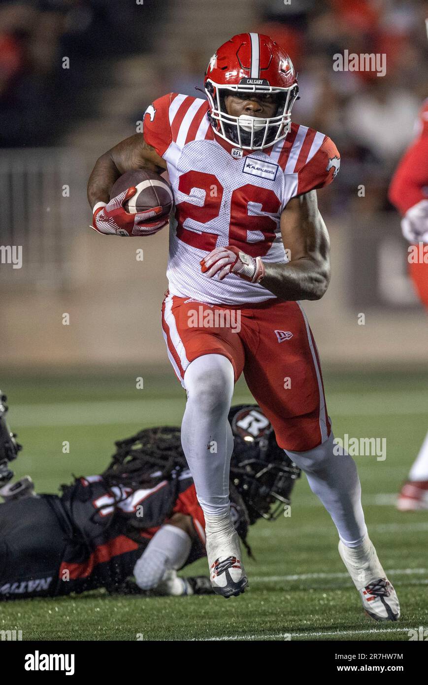 (Ottawa, Canada---15 June 2023)  Dedrick Mills (26) of the Calgary Stampeders in Canadian Football League (CFL) regular season action between the Calgary Stampeders at the Ottawa Redblacks. Photograph Copyright 2023 Sean Burges / Mundo Sport Images. Stock Photo