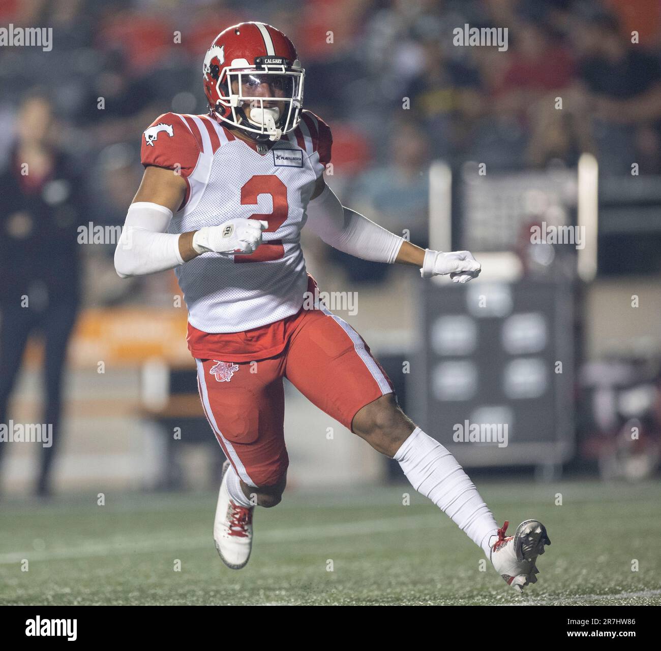 (Ottawa, Canada---15 June 2023)  Jonathan Moxey (2) of the Calgary Stampeders in Canadian Football League (CFL) regular season action between the Calgary Stampeders at the Ottawa Redblacks. Photograph Copyright 2023 Sean Burges / Mundo Sport Images. Stock Photo