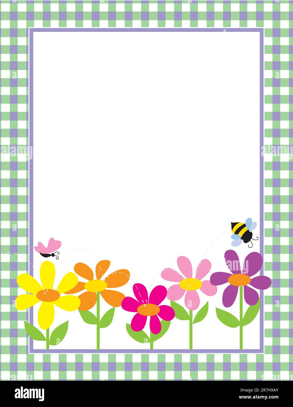 A border or frame featuring a row of colorful daisies, a butterfly and a bee Stock Vector