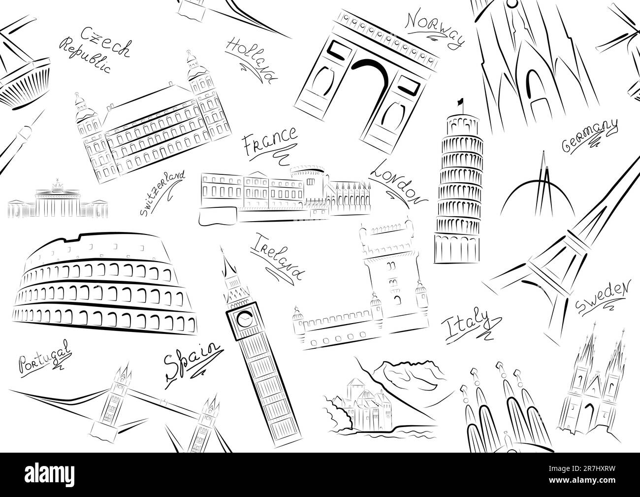 Seamless vector illustration of sights of some European countries.  Black and white. Stock Vector