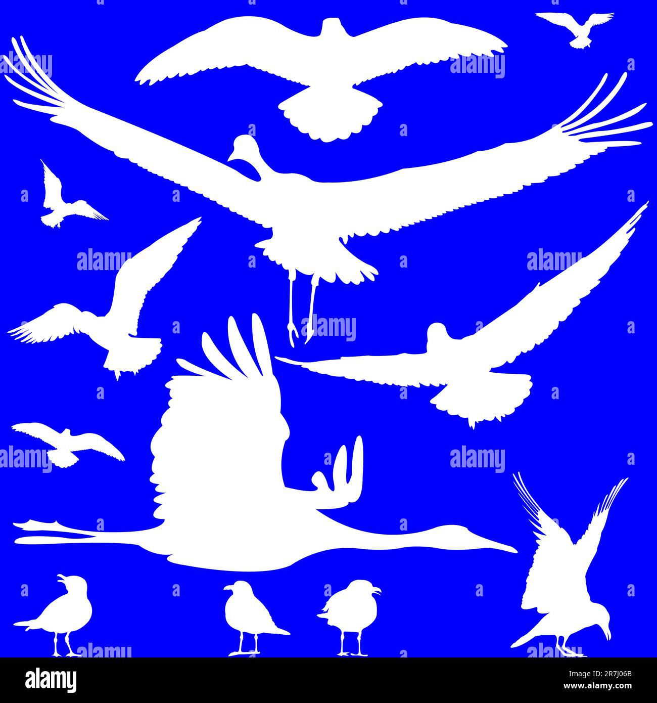 white birds silhouettes over blue, abstract art illustration Stock Vector