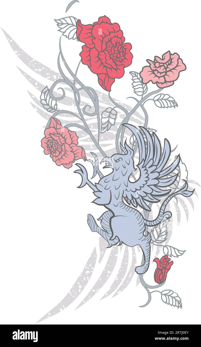 Fantasy design with gryphon and roses on white background Stock Vector