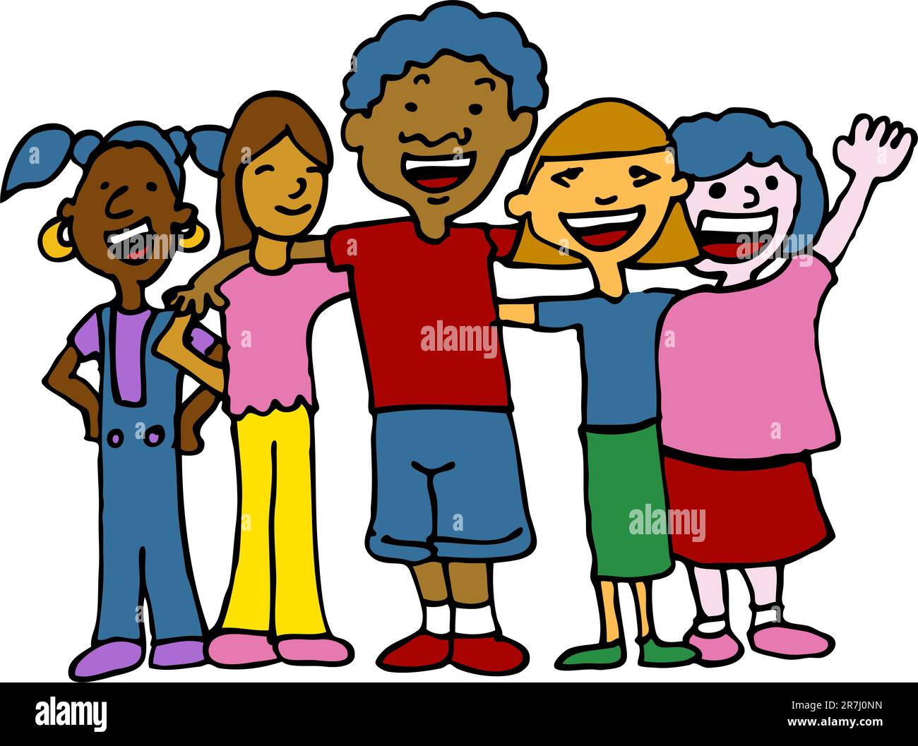 An image of a children of different races hugging and standing next to each other. Stock Vector