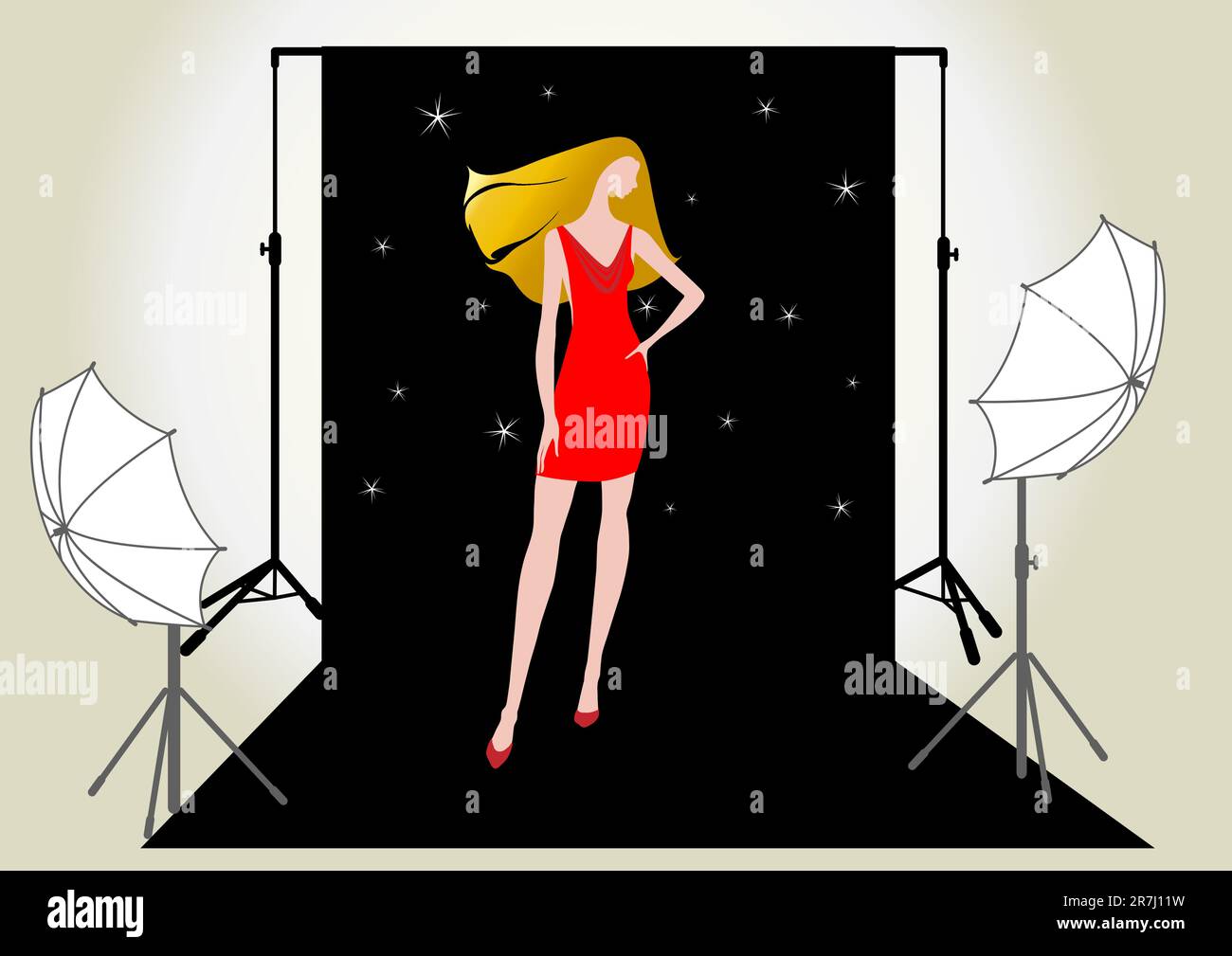 vector illustration of a pretty girl model in a red dress in the studio for photo shoot Stock Vector