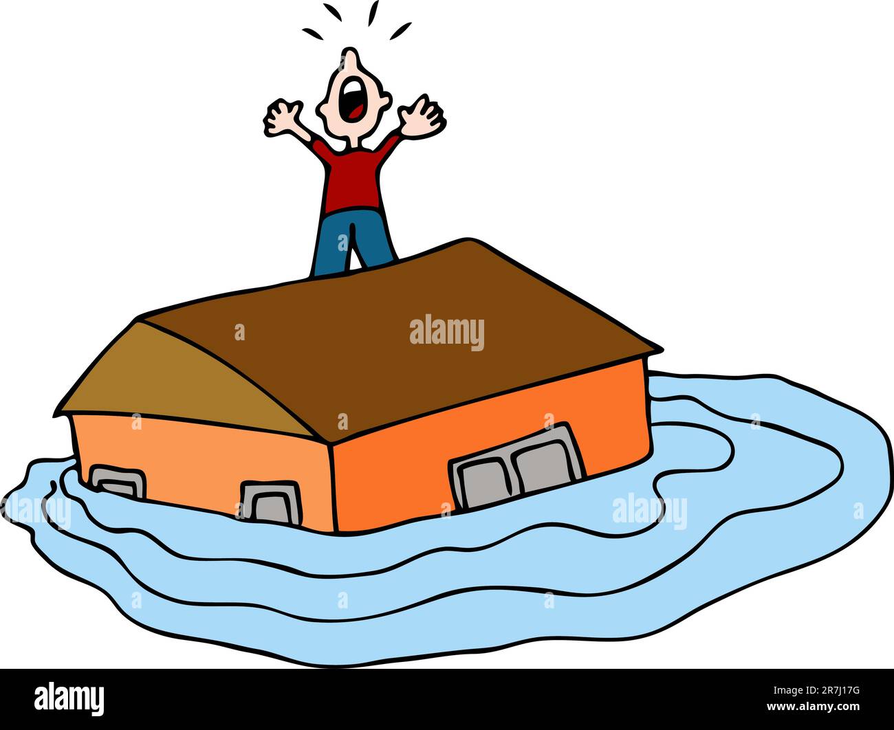 An image of a man on the roof of his flooded house screaming for help. Stock Vector