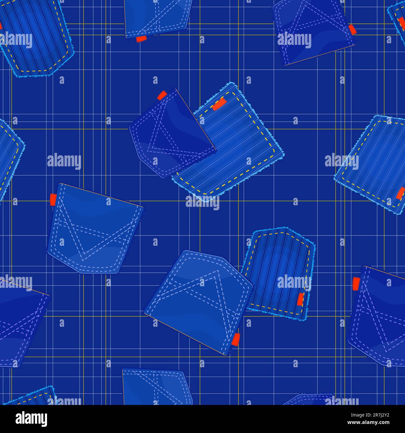 Seamless Pattern with Jeans Pockets on Striped Blue Background. Vector illustration Stock Vector