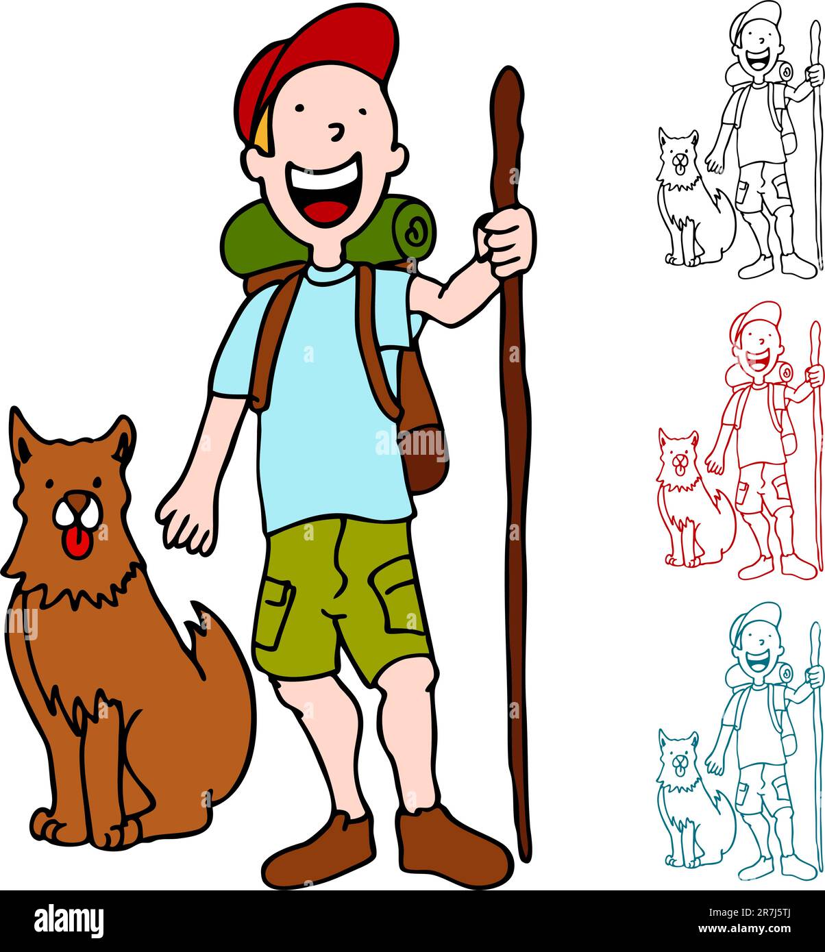 An image of a man who is hiking with his dog. Stock Vector