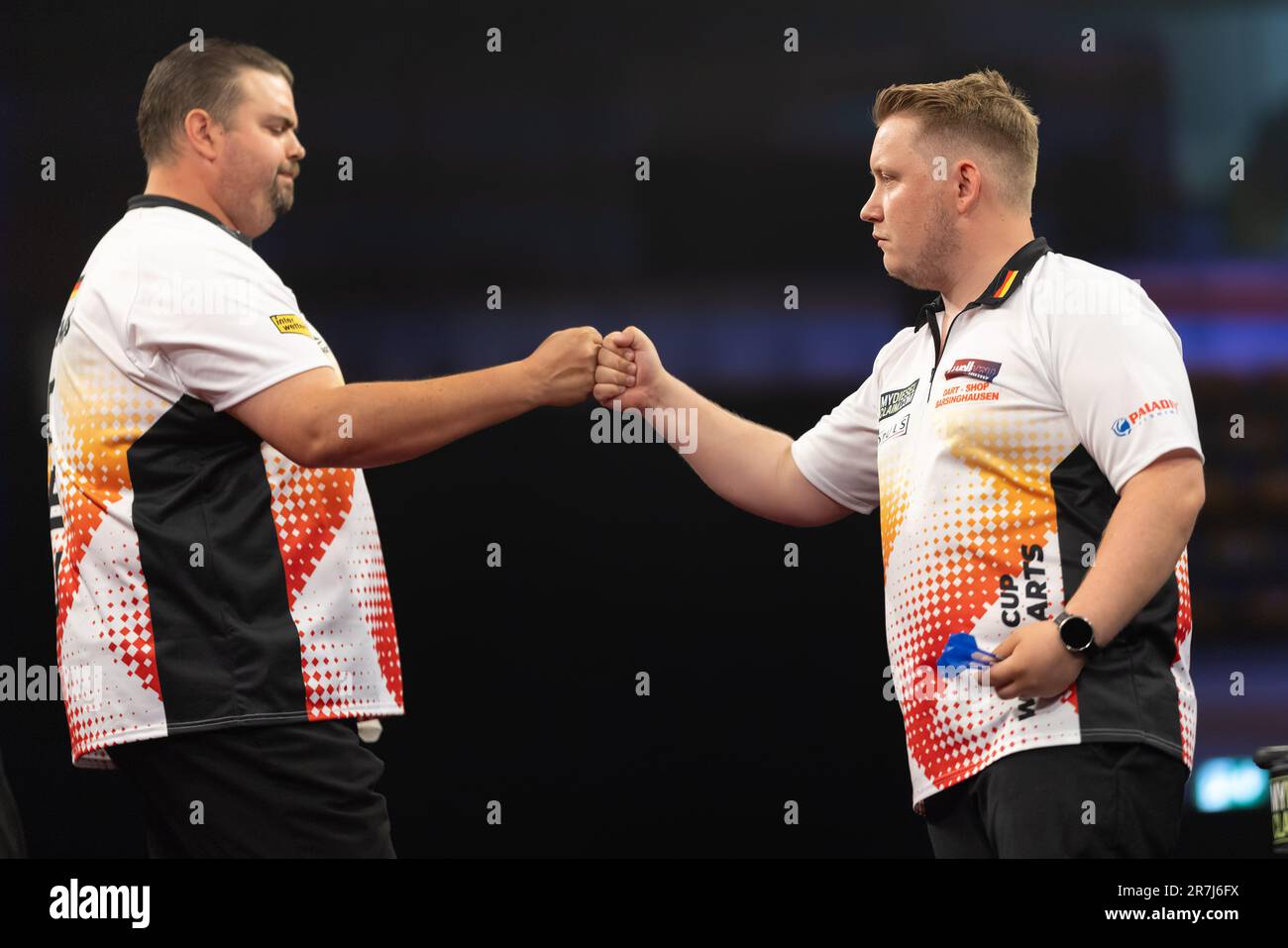 15 June 2023, Hesse, Frankfurt/Main: Darts: World Team Championship, Group  Stage, Group Stage Matches. Martin Schindler (r) from Germany and his  partner Gabriel Clemens react during their first match of the tournament