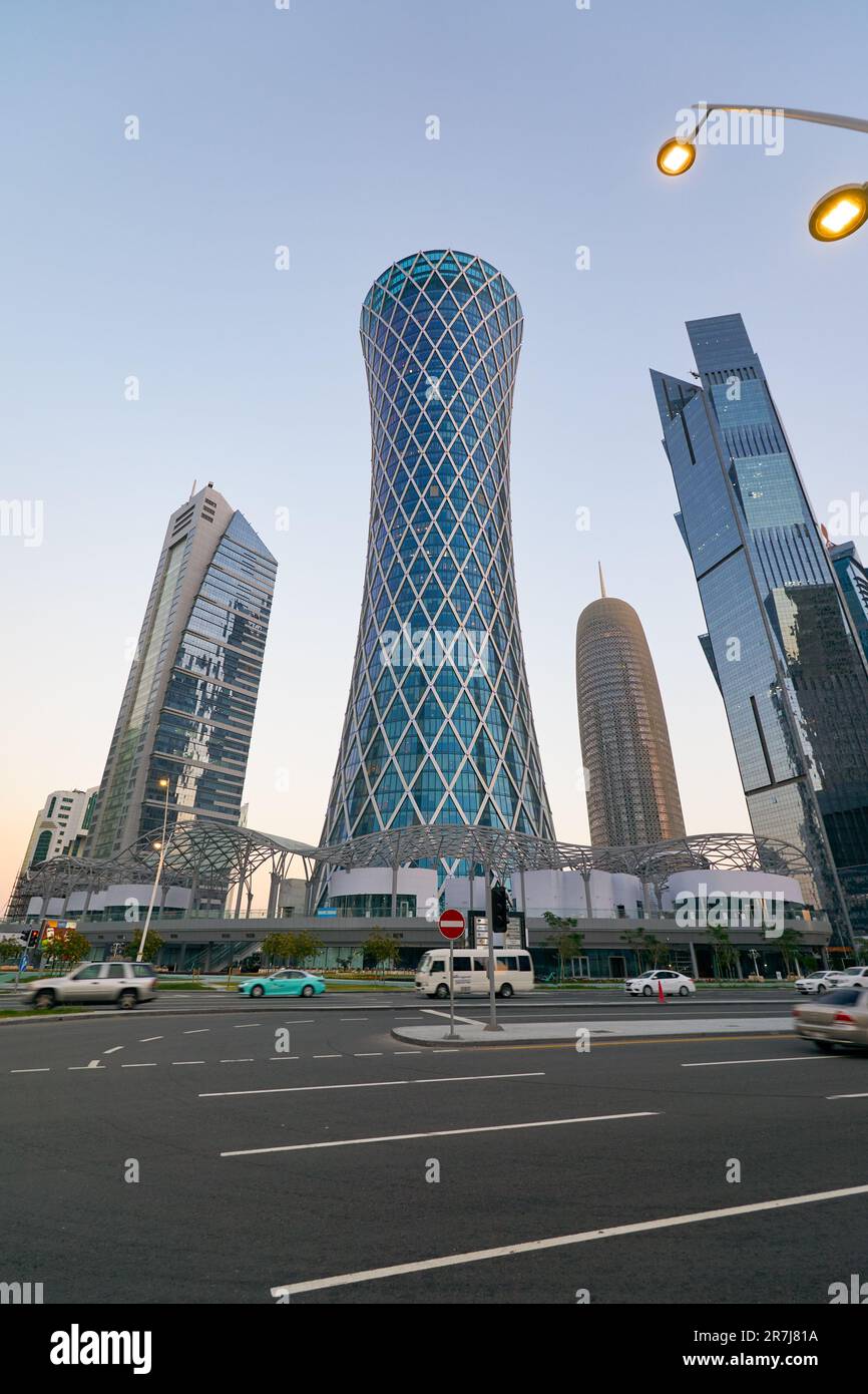 DOHA, QATAR CIRCA MARCH, 2023 street level view of Tornado Tower in