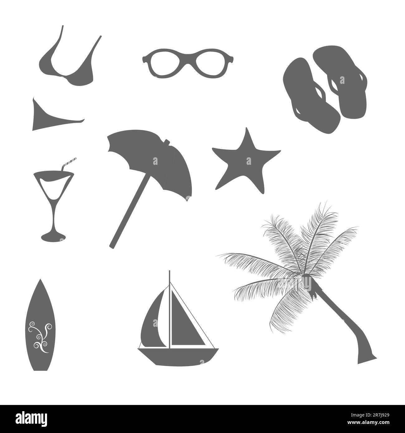Beach and summer vacation icons in gray Stock Vector