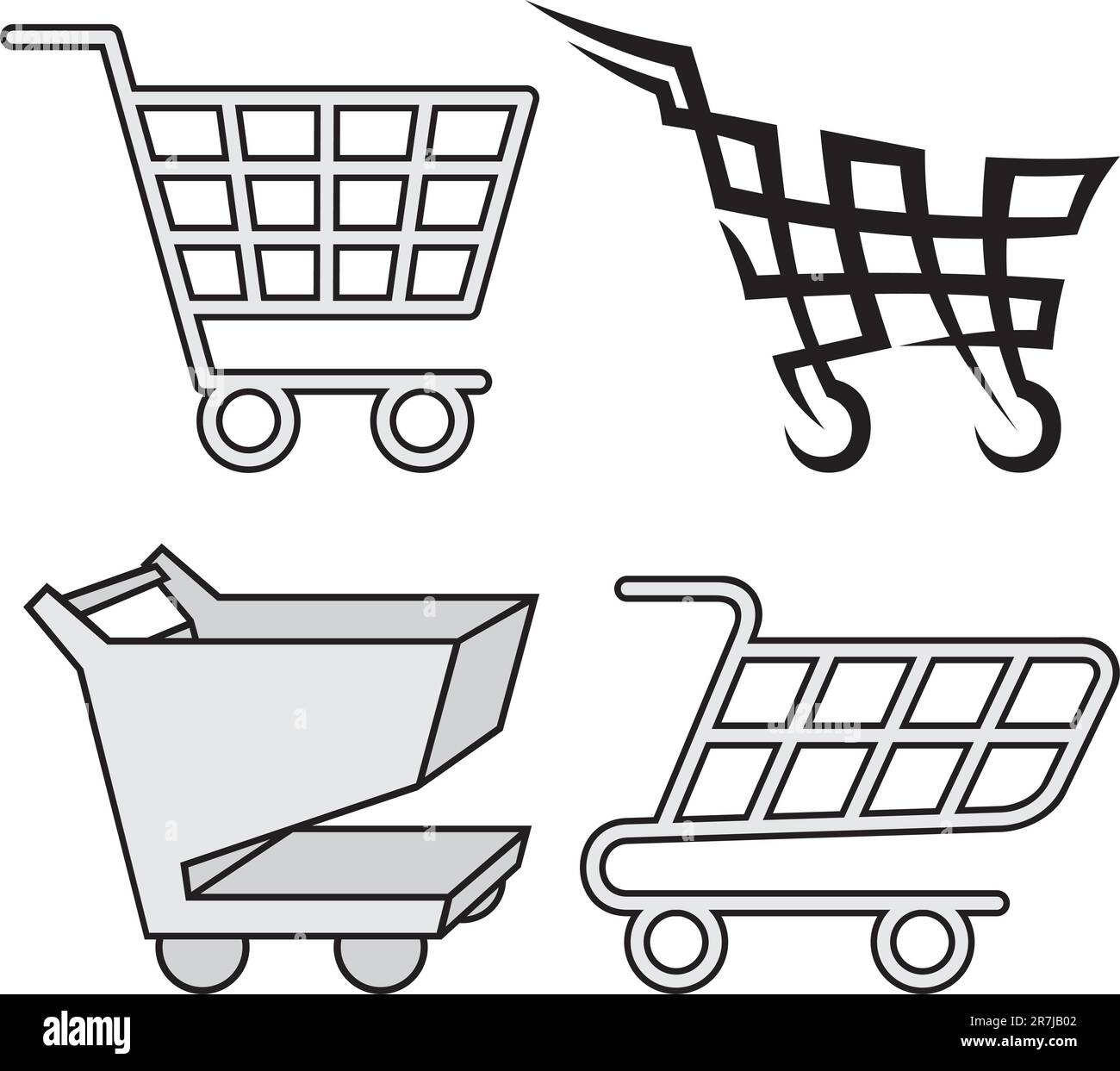 Four black and gray shopping cart icons on white background Stock