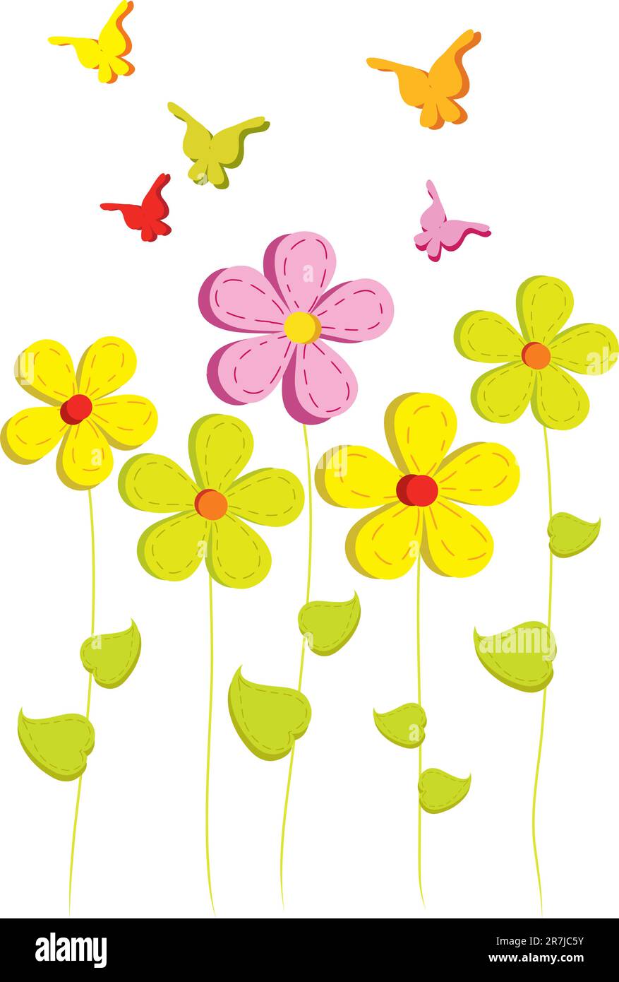 beautiful bright flowers and butterflies on white background Stock ...