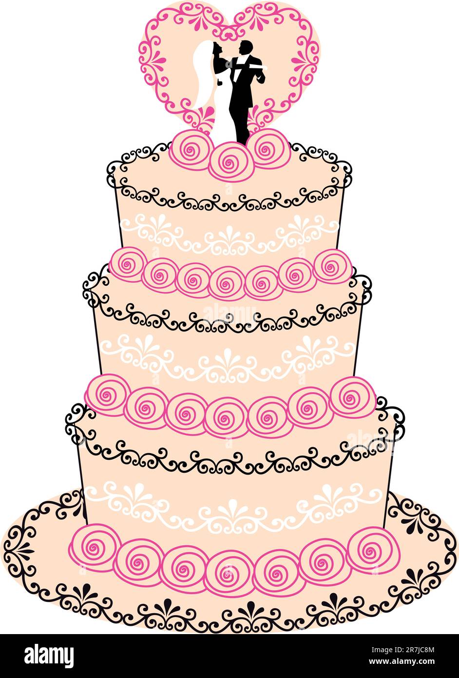 wedding cake with couple, heart and roses, vector illustration Stock ...