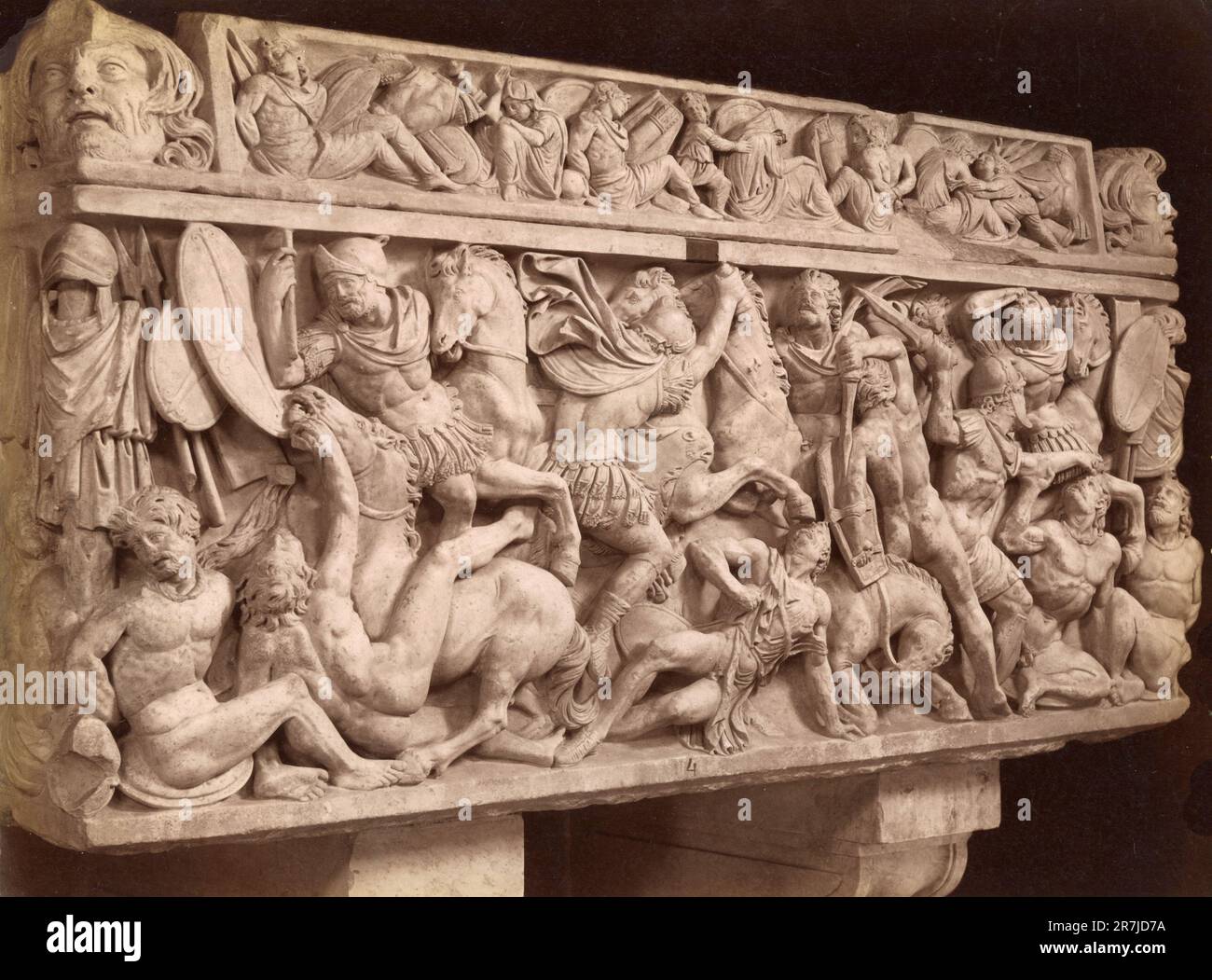 Ancient Roman marble Sarcophagus with Battle scene between the Romans and the Gauls, Italy 1890s Stock Photo