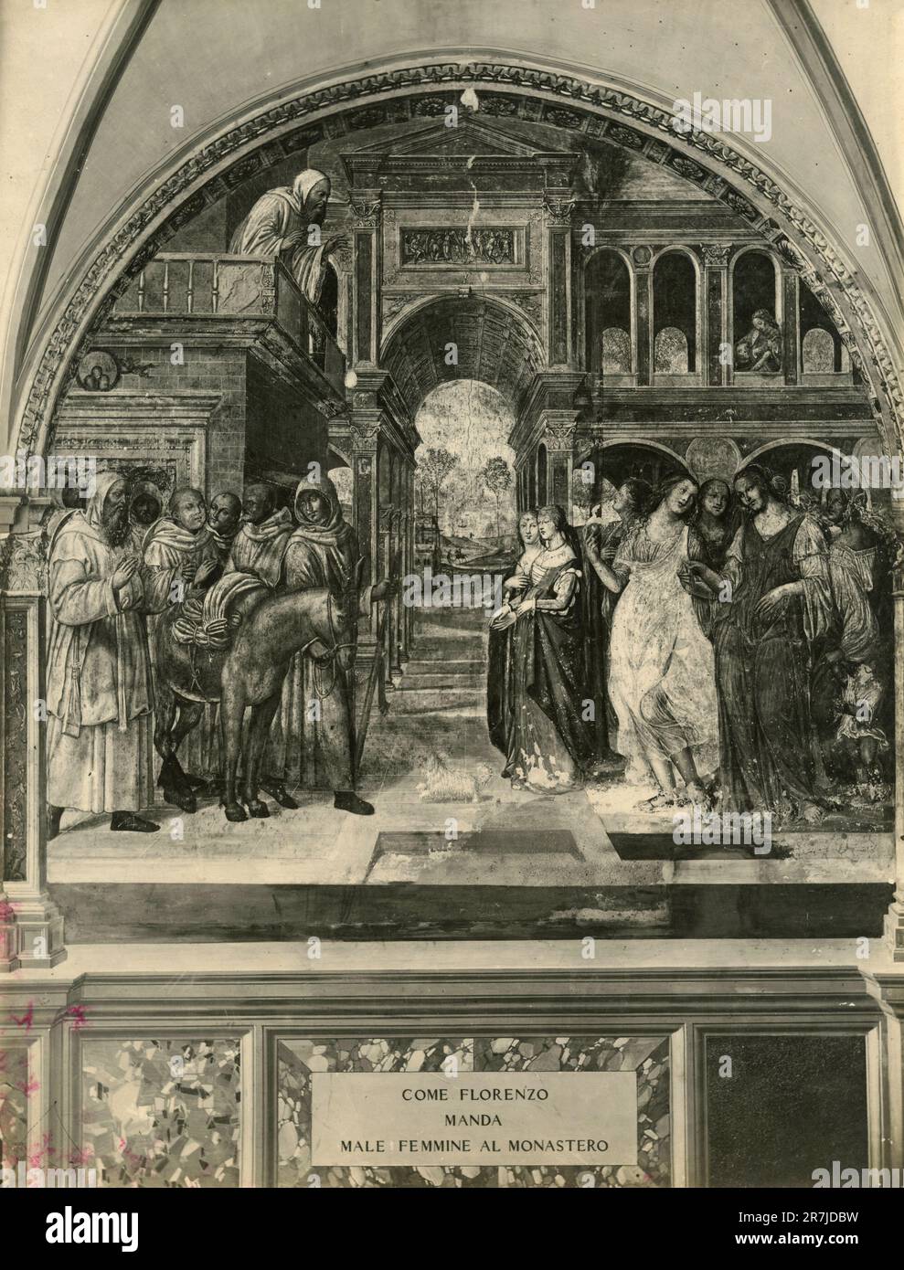 San Florenzo Sends Bad Women to Monastery, Fresco by Italian artist Giovan Antonio Bazzi aka Sodoma, Monte Oliveto Maggiore Abbey, Italy 1900s Stock Photo