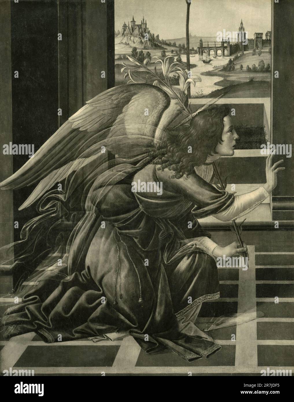 Detail of the Angel in the Annunciation, painting by Italian artist Botticelli, Uffizi Gallery, Florence, Italy 1900s Stock Photo