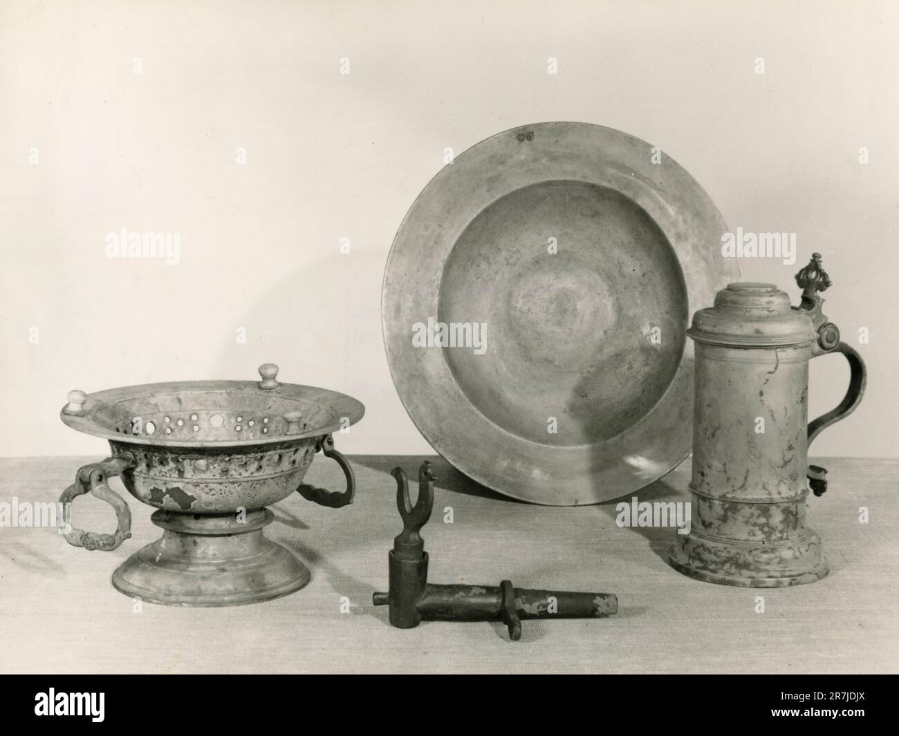 Bronze brazier and pewter tankard found onboard the Viking ship Wasa, Sweden 1960s Stock Photo